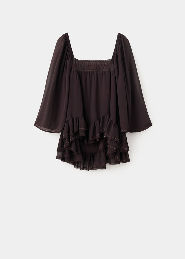 Ruffled blouse with bead embellishments — Brown