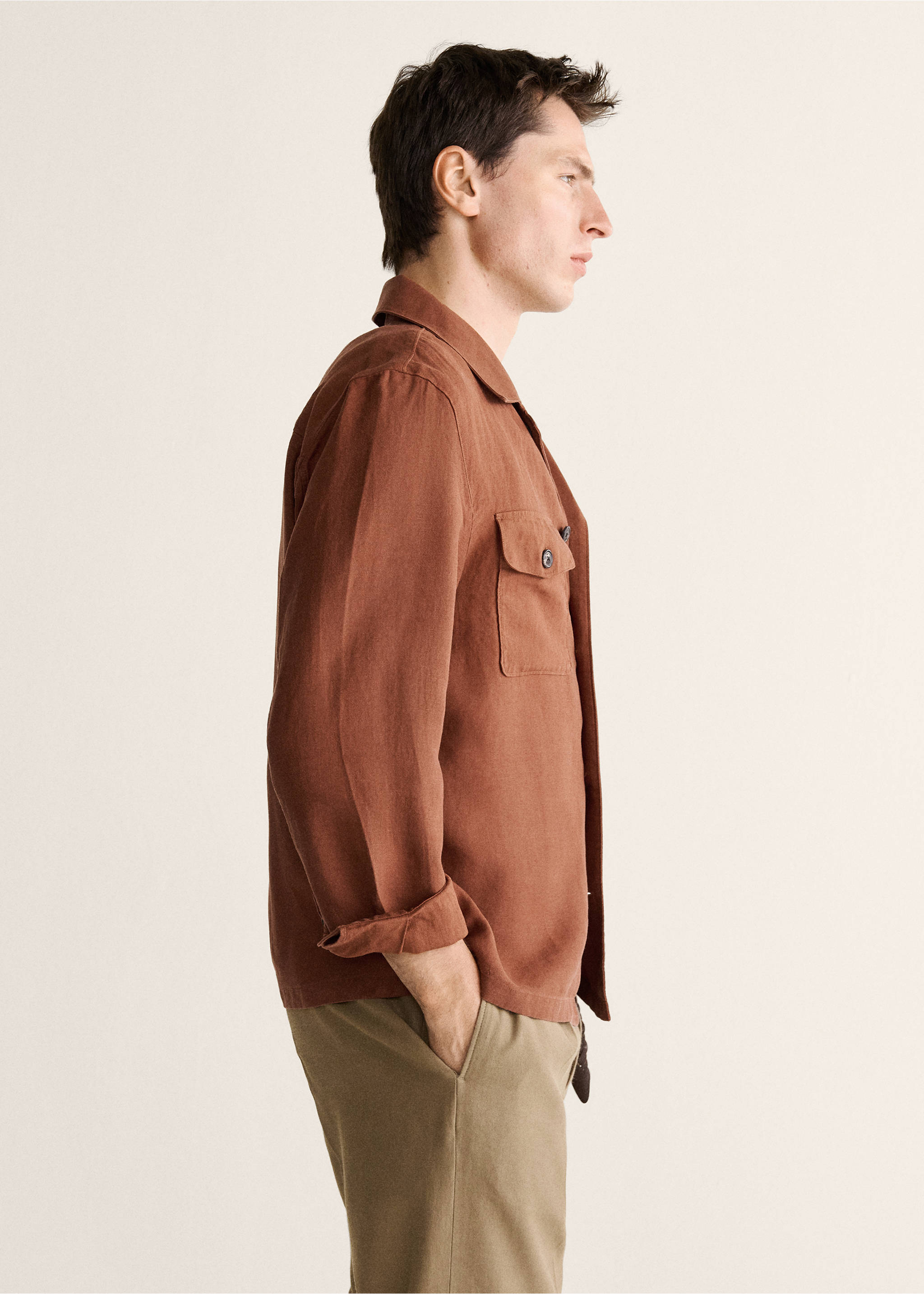 Lyocell linen overshirt with pockets - Details of the article 2, Russet. Ref: 27079215-00.