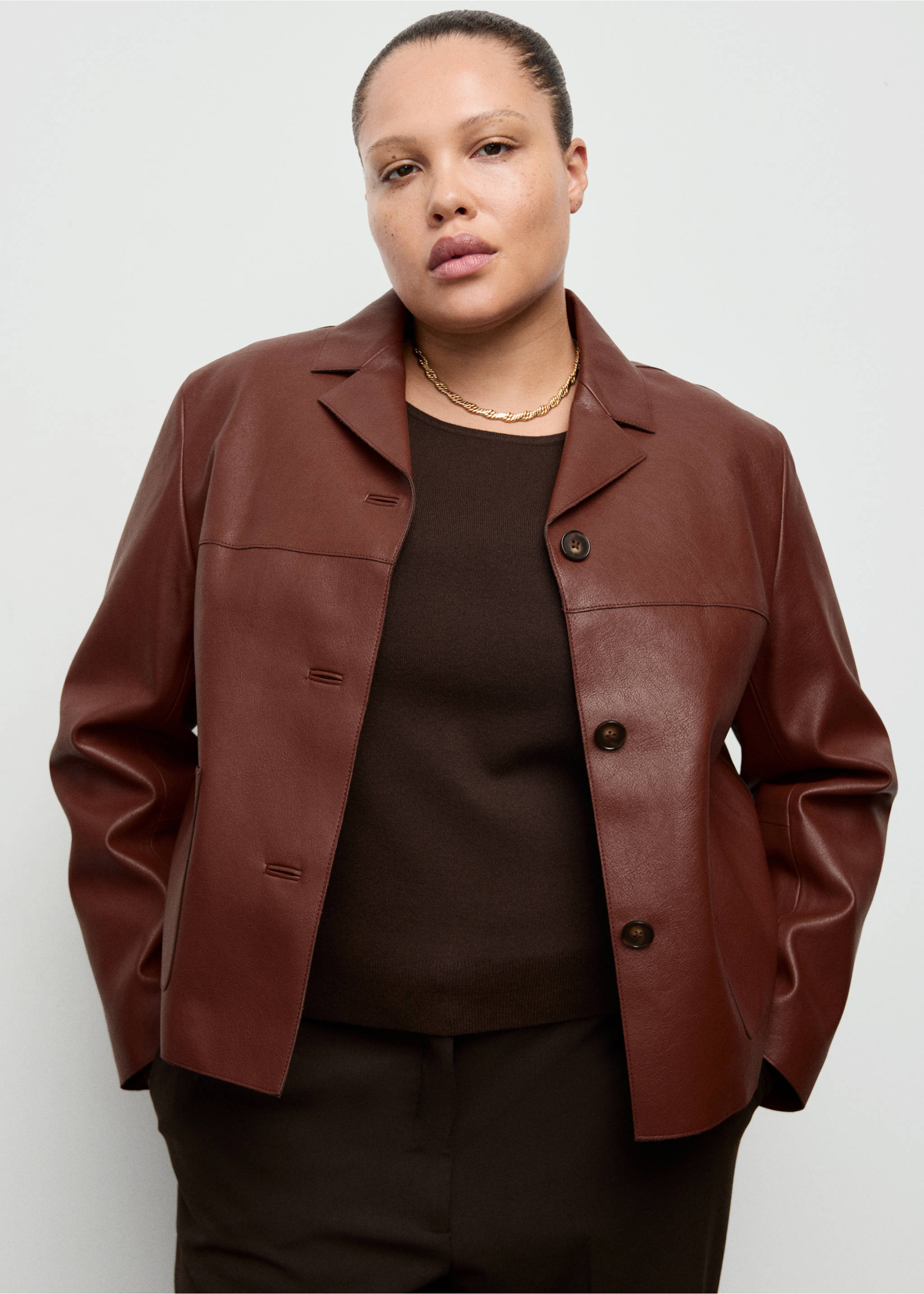 Faux-leather jacket with pockets - Details of the article 5, Burnt Orange. Ref: 27081190-00.