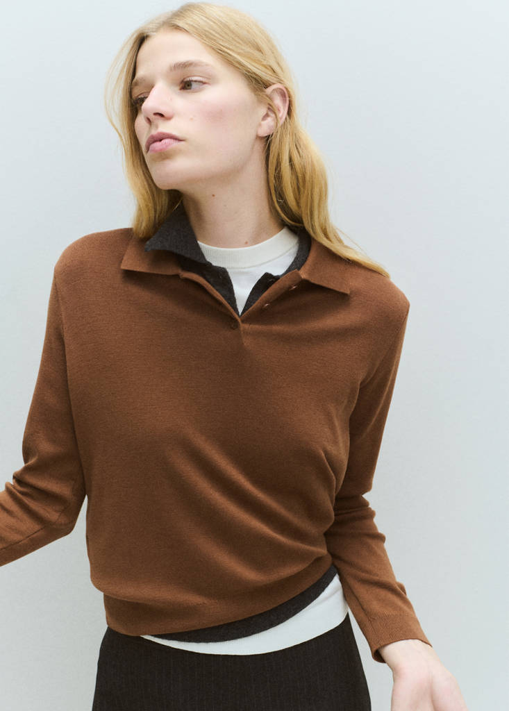 Polo collar wool sweater — Tobacco Brown