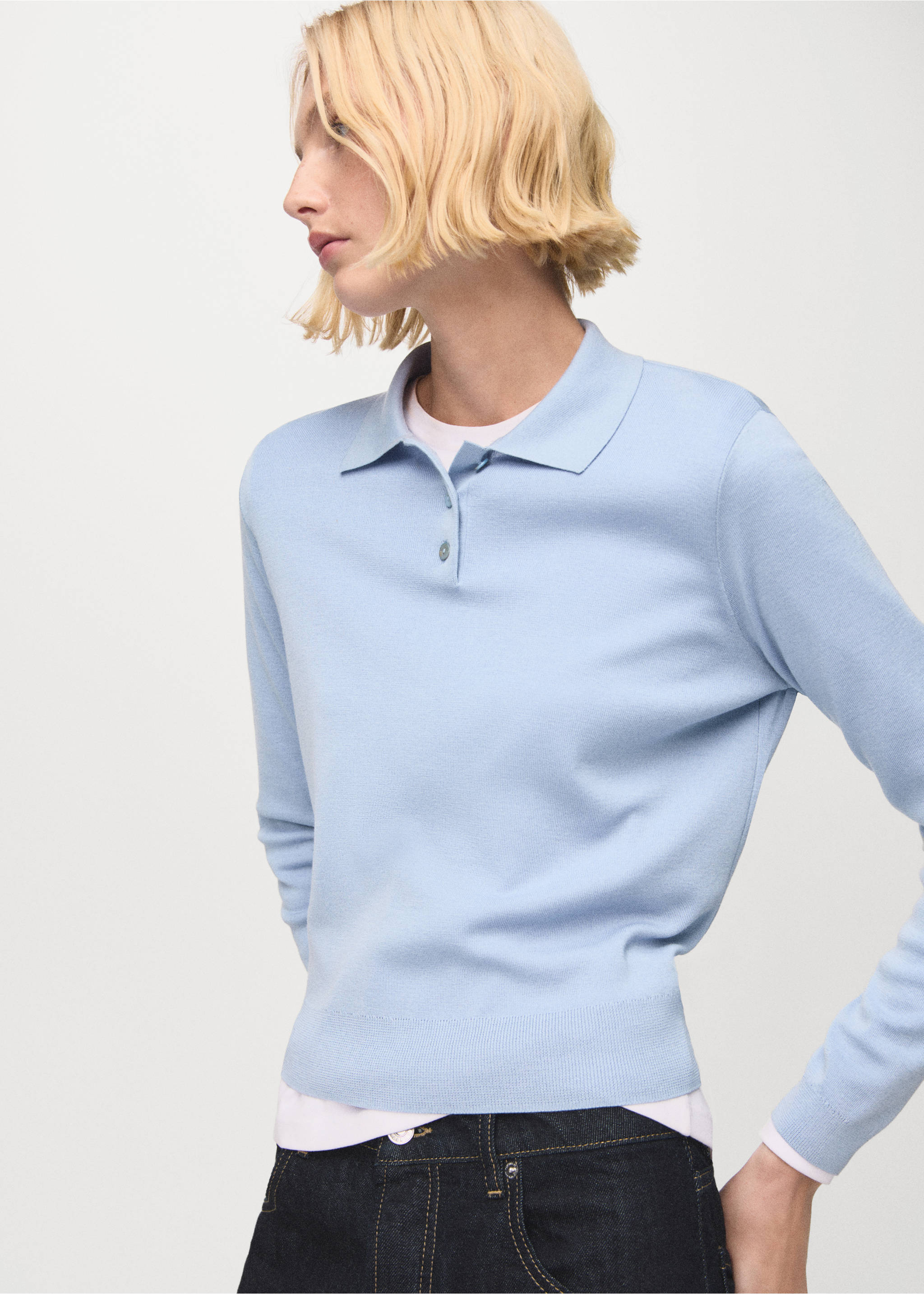 Polo collar wool sweater - Medium plane, Sky Blue. Ref: 27081191-00.