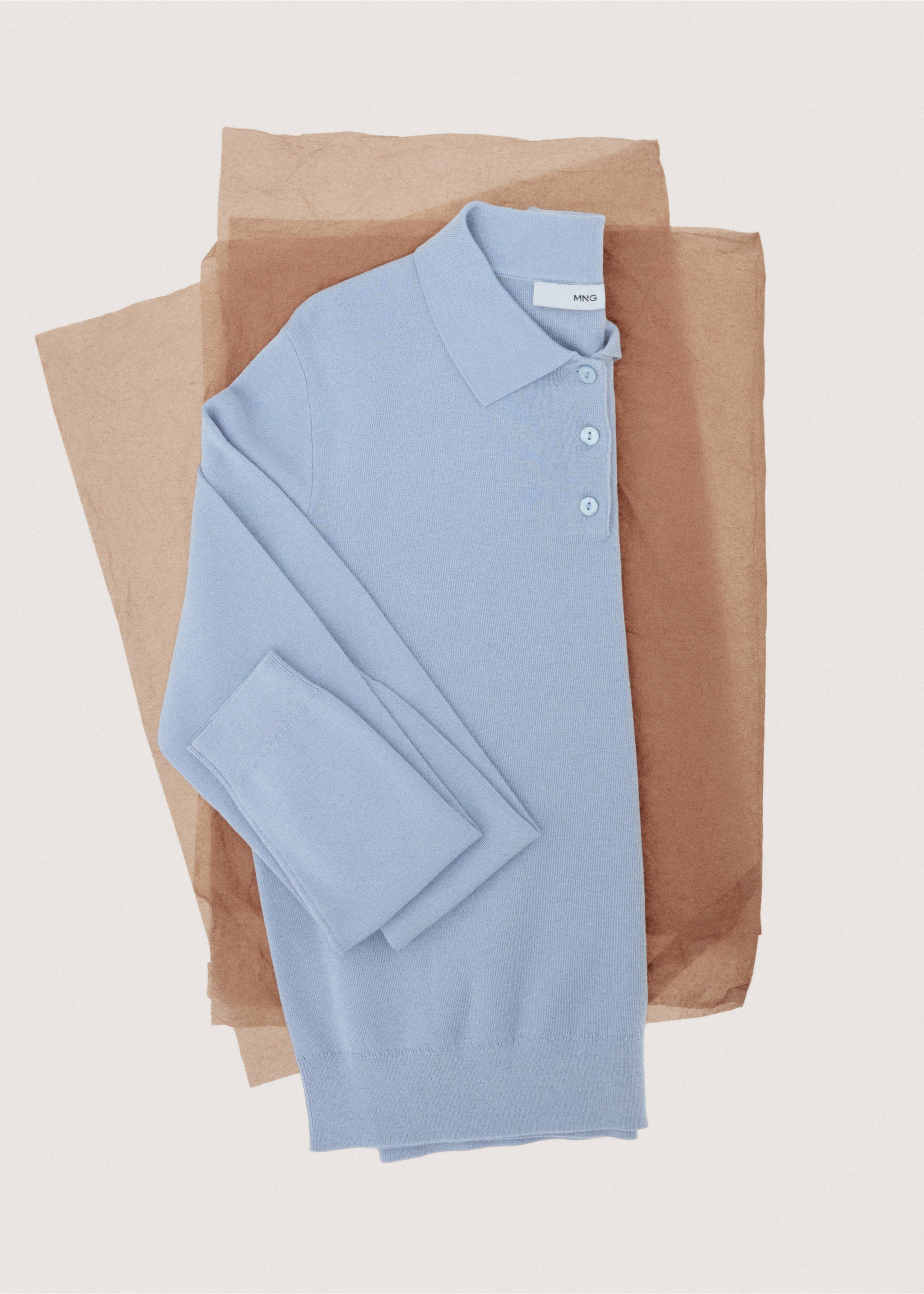 Polo collar wool sweater - Details of the article 7, Sky Blue. Ref: 27081191-00.