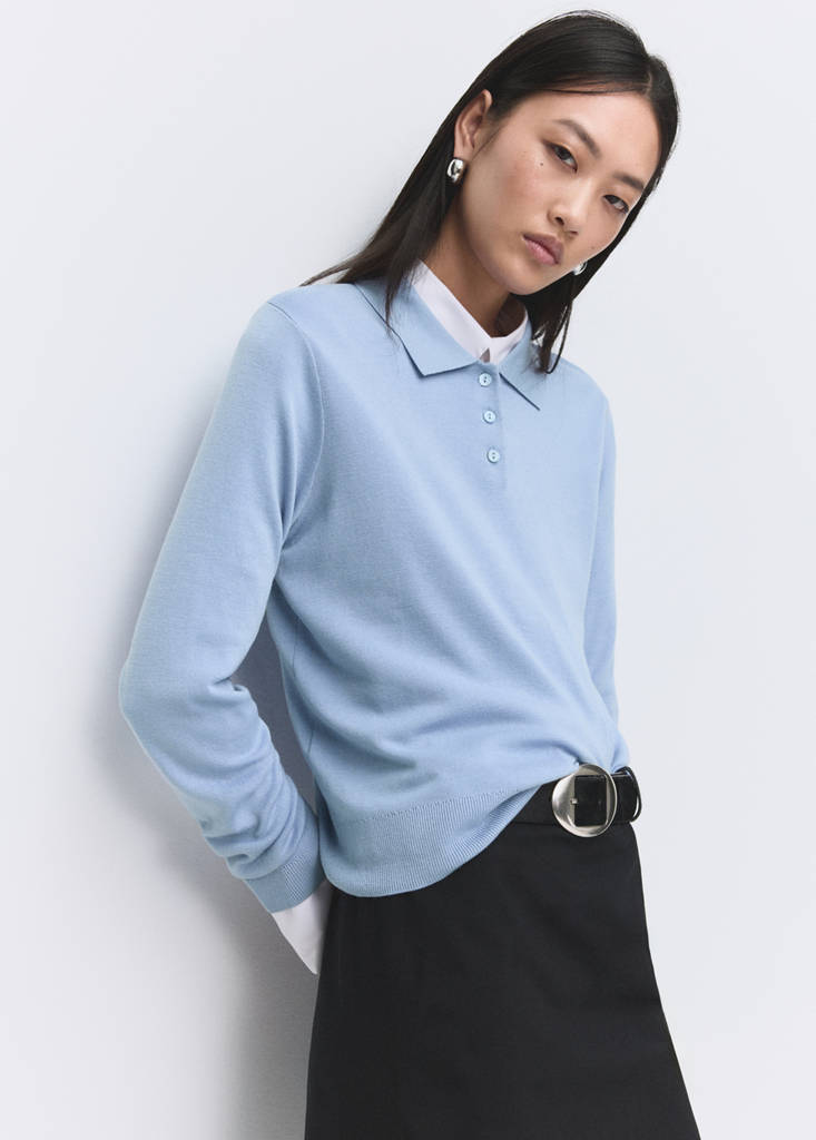 Polo collar wool sweater — Sky Blue