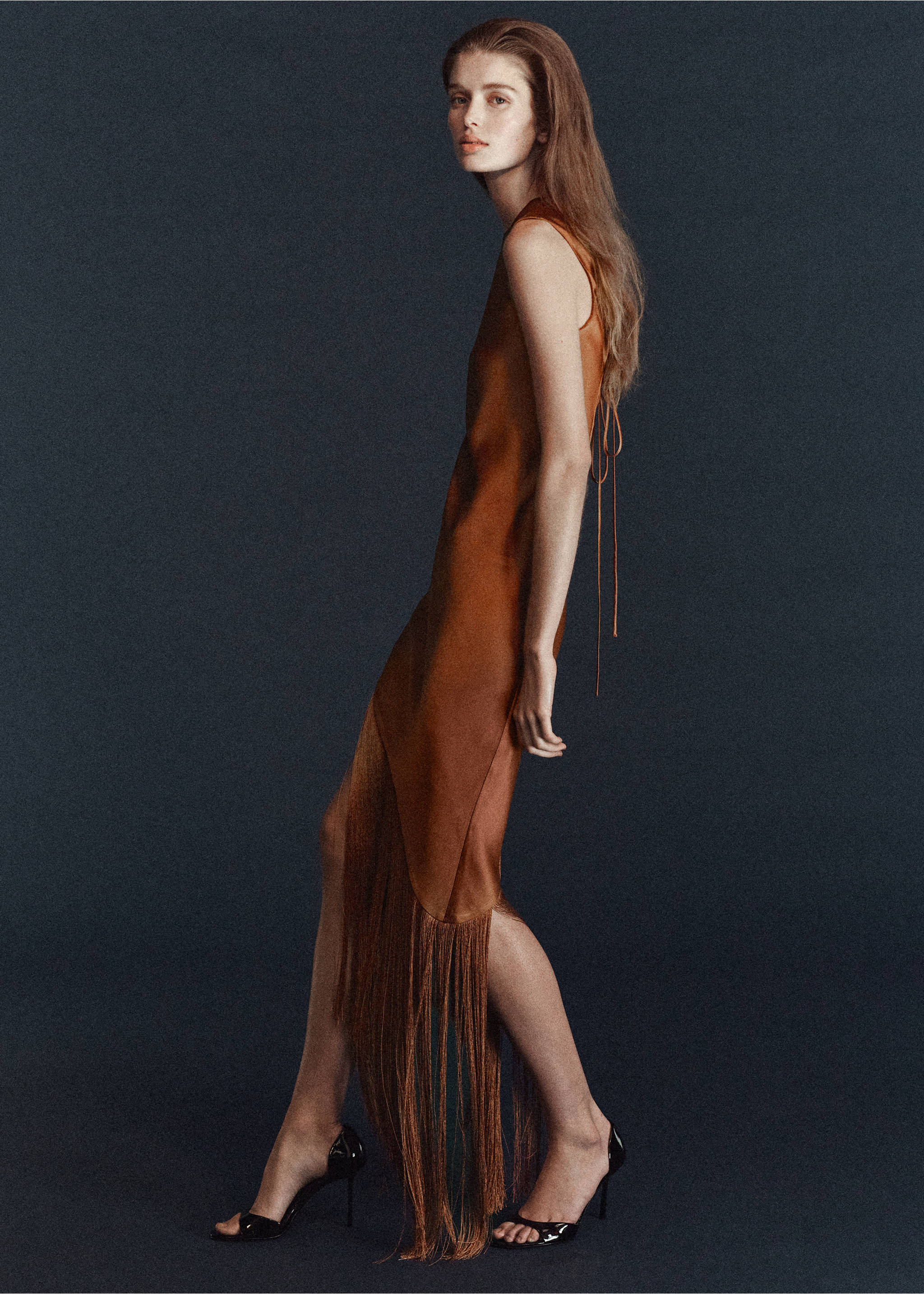 Asymmetrical satin dress with fringes - Medium plane, Caramel. Ref: 27081211-00.