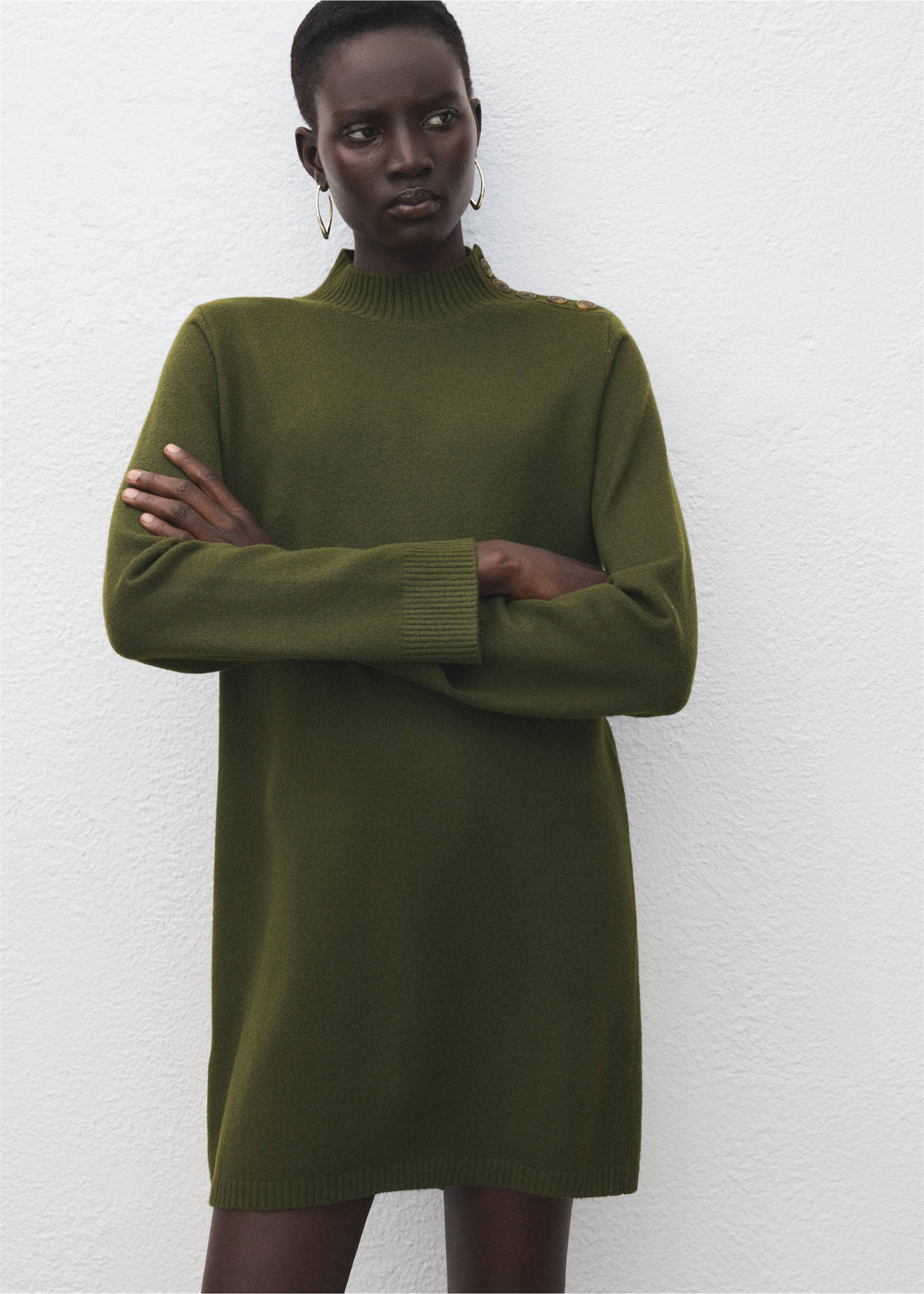 Button knit dress - Medium plane, Khaki. Ref: 27081214-00.