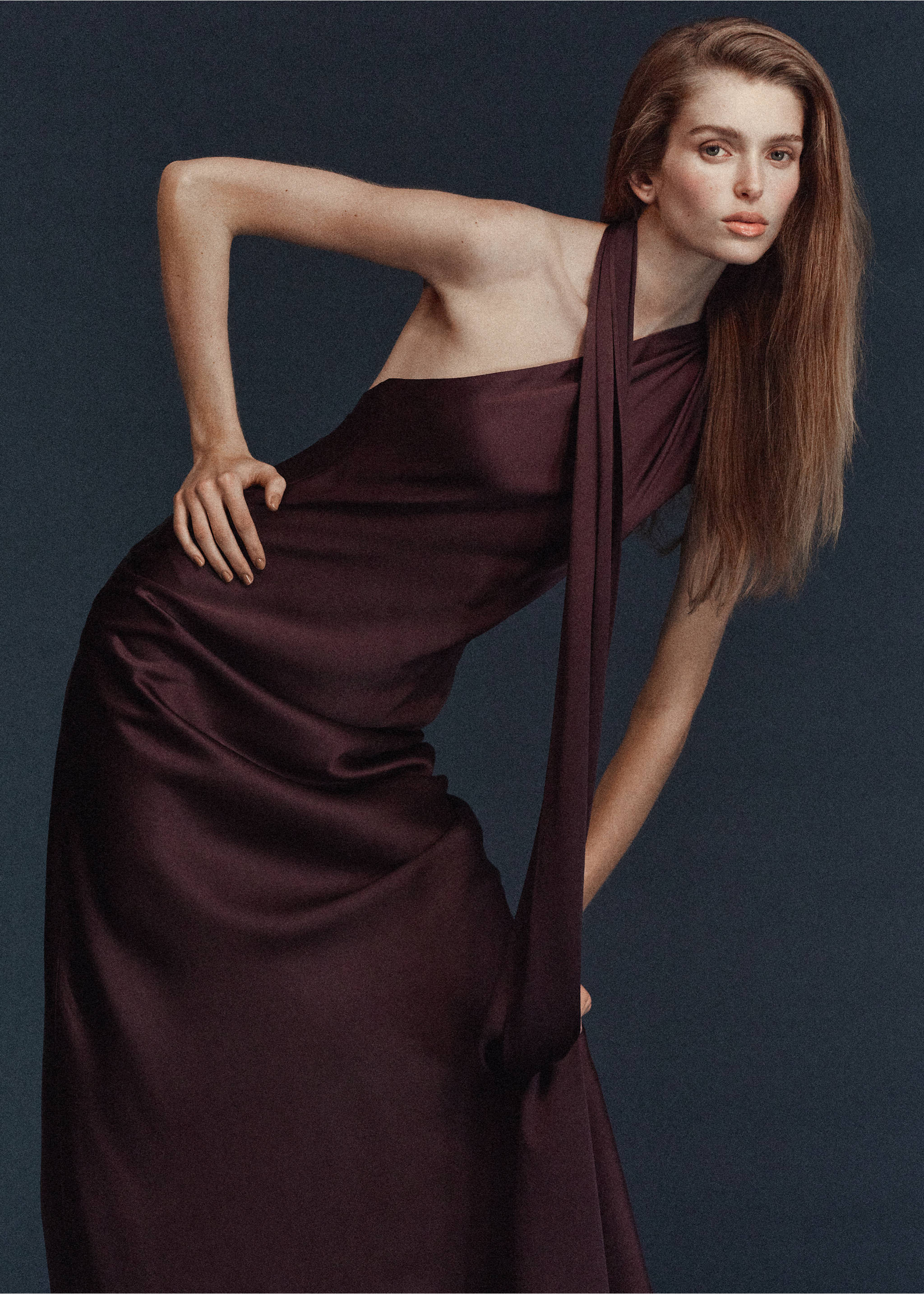 Asymmetrical bow-neck dress - Medium plane, Wine. Ref: 27081224-00.