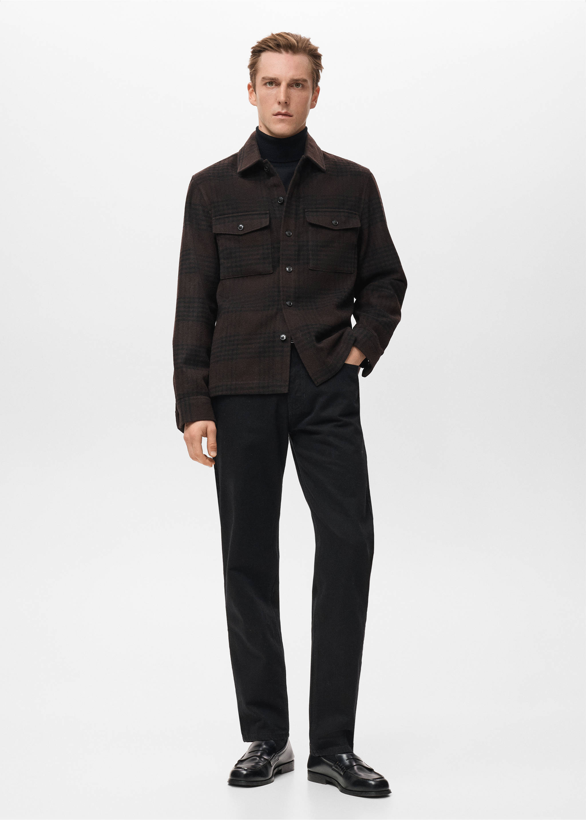 Верхняя рубашка из смесовой шерсти в клетку - Общий план, Коричневый. Ref: 27081227-00.