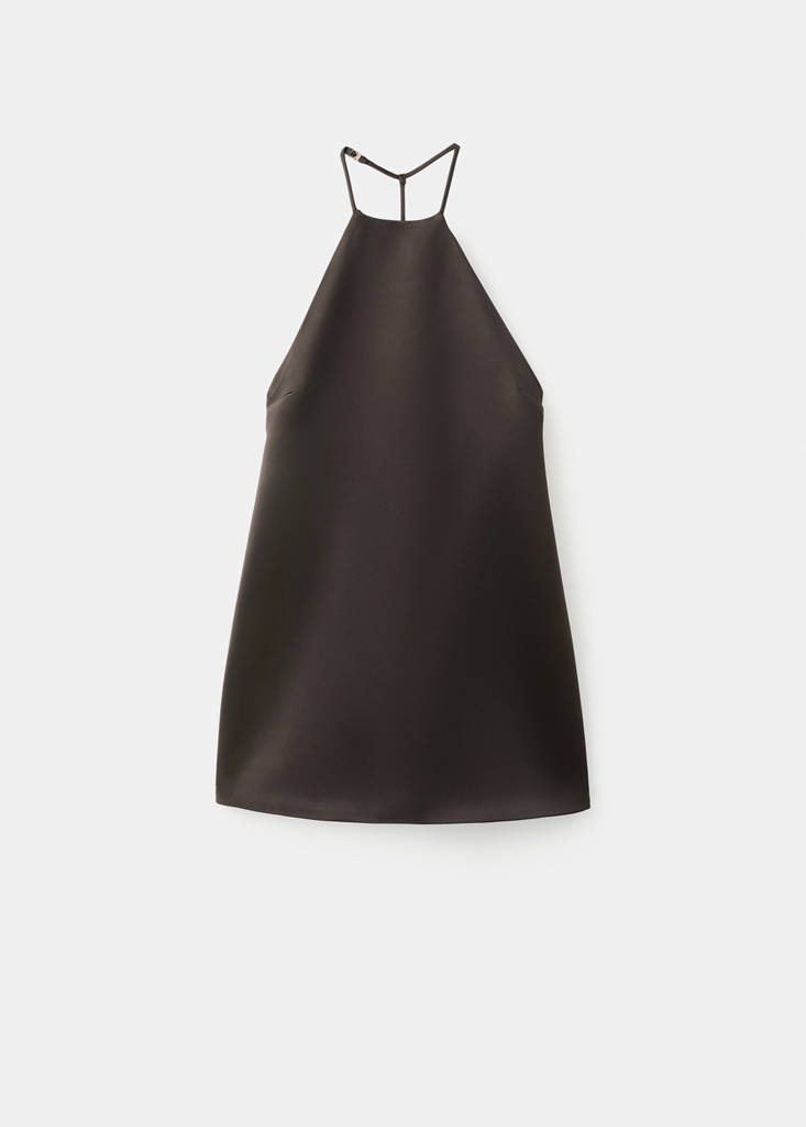 Satin dress with faux-fur collar — Brown