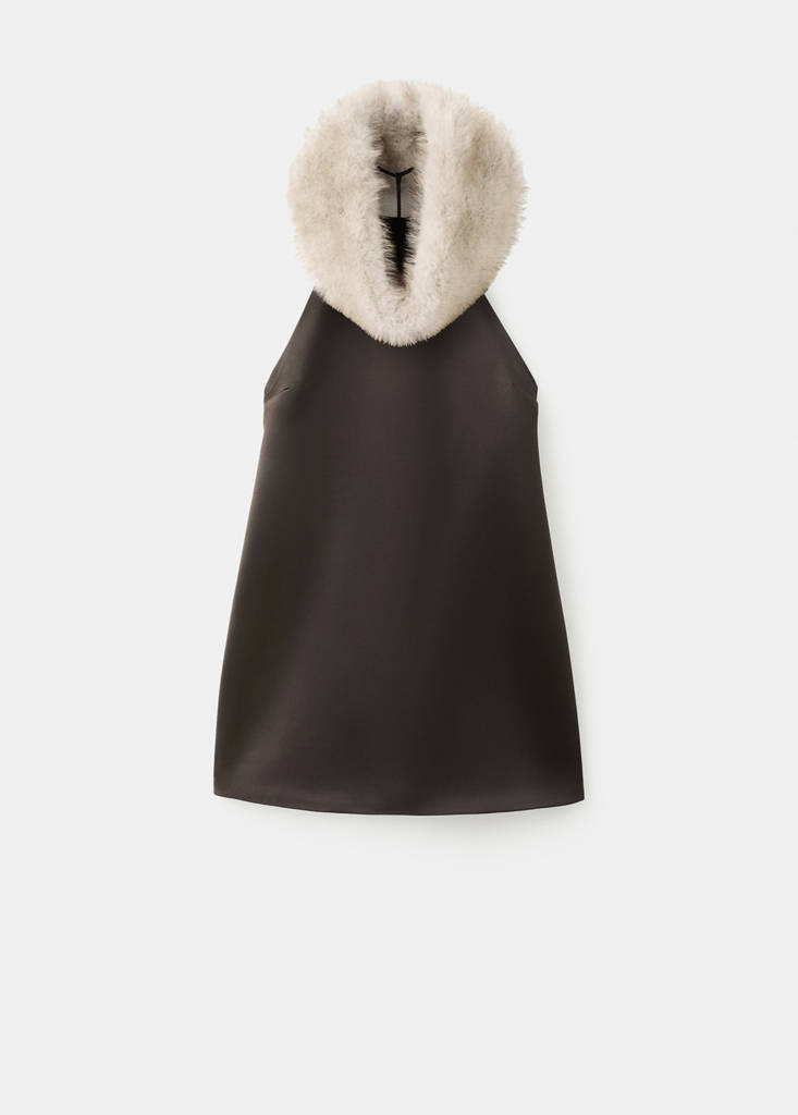 Satin dress with faux-fur collar — Brown