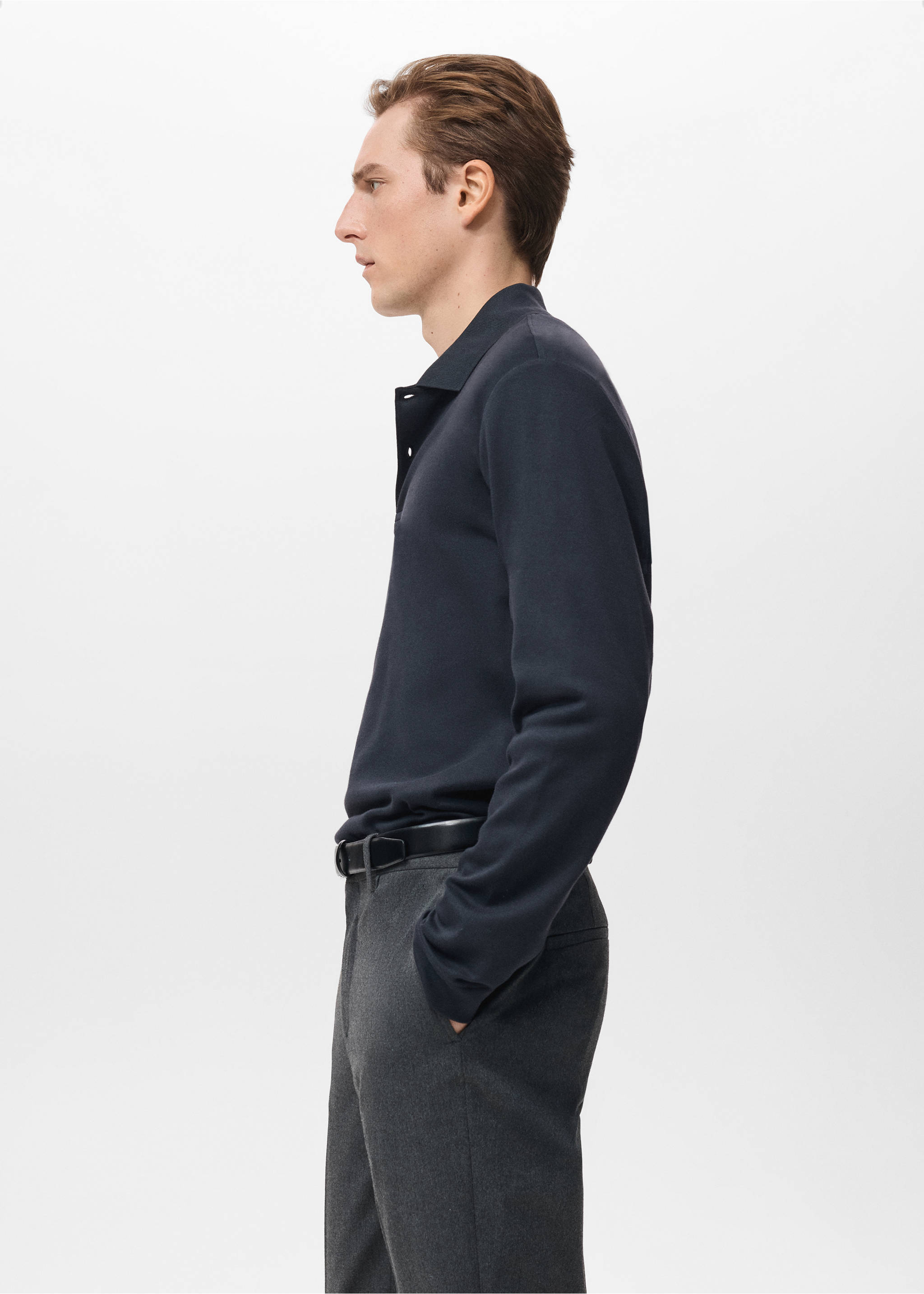 Regular-fit knitted polo sweater - Details of the article 2, Navy. Ref: 27081256-00.