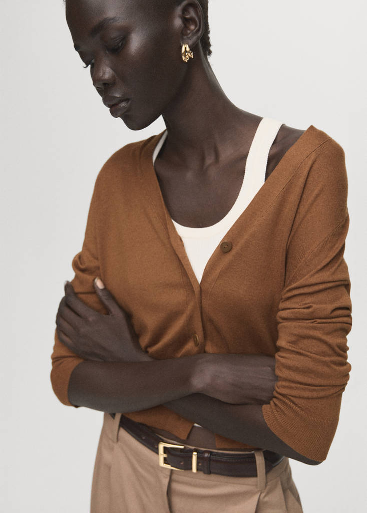 V-neck knitted cardigan — Tobacco Brown