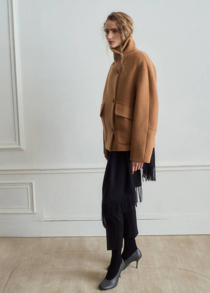 Wool-blend funnel-neck coat — Medium Brown
