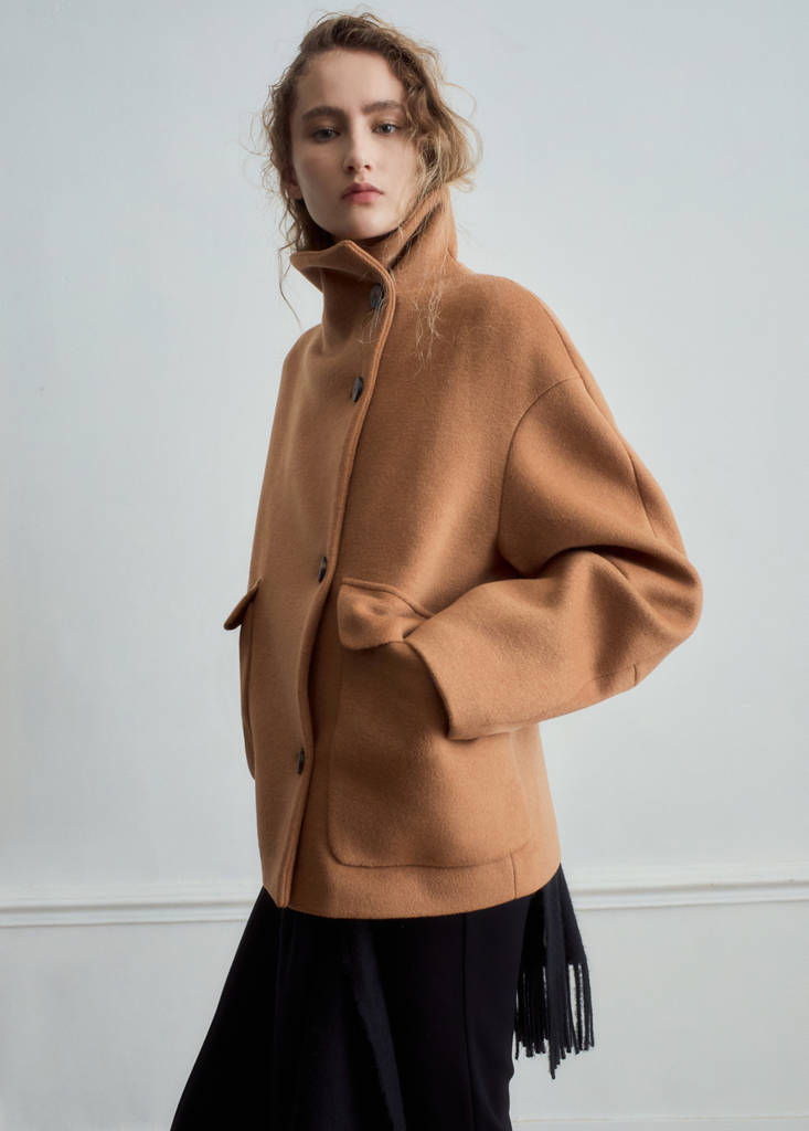 Wool-blend funnel-neck coat — Medium Brown