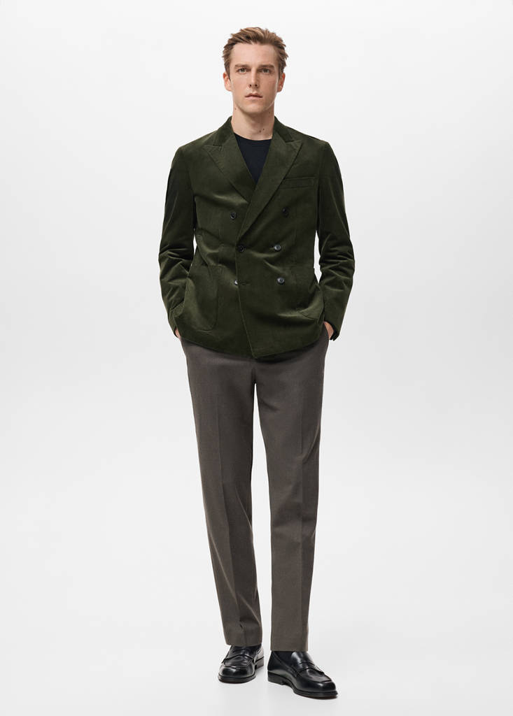 Slim-fit double-breasted corduroy jacket — Green