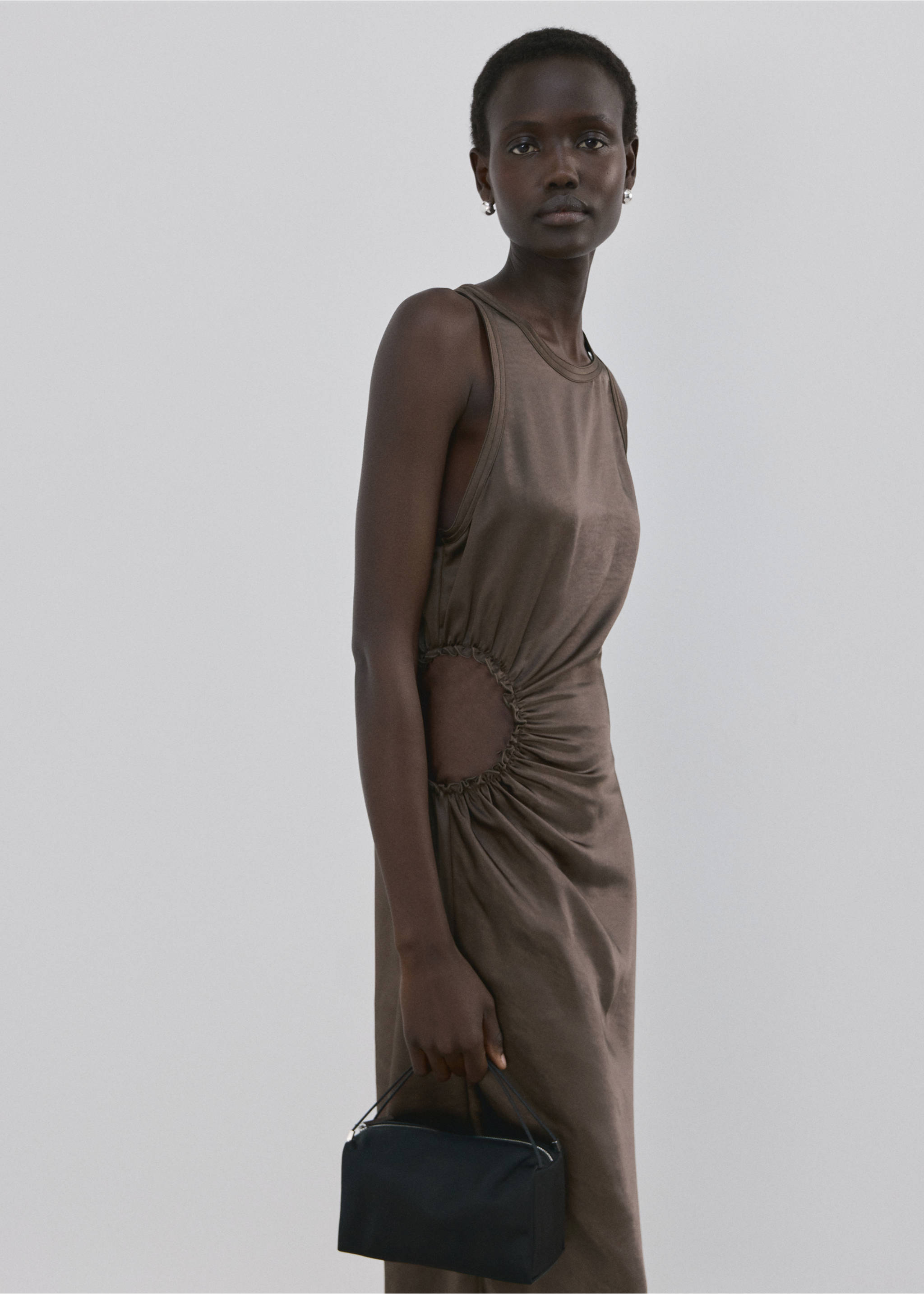 A-line dress with gathered sides - Details of the article 1, Mink Grey. Ref: 27081280-00.