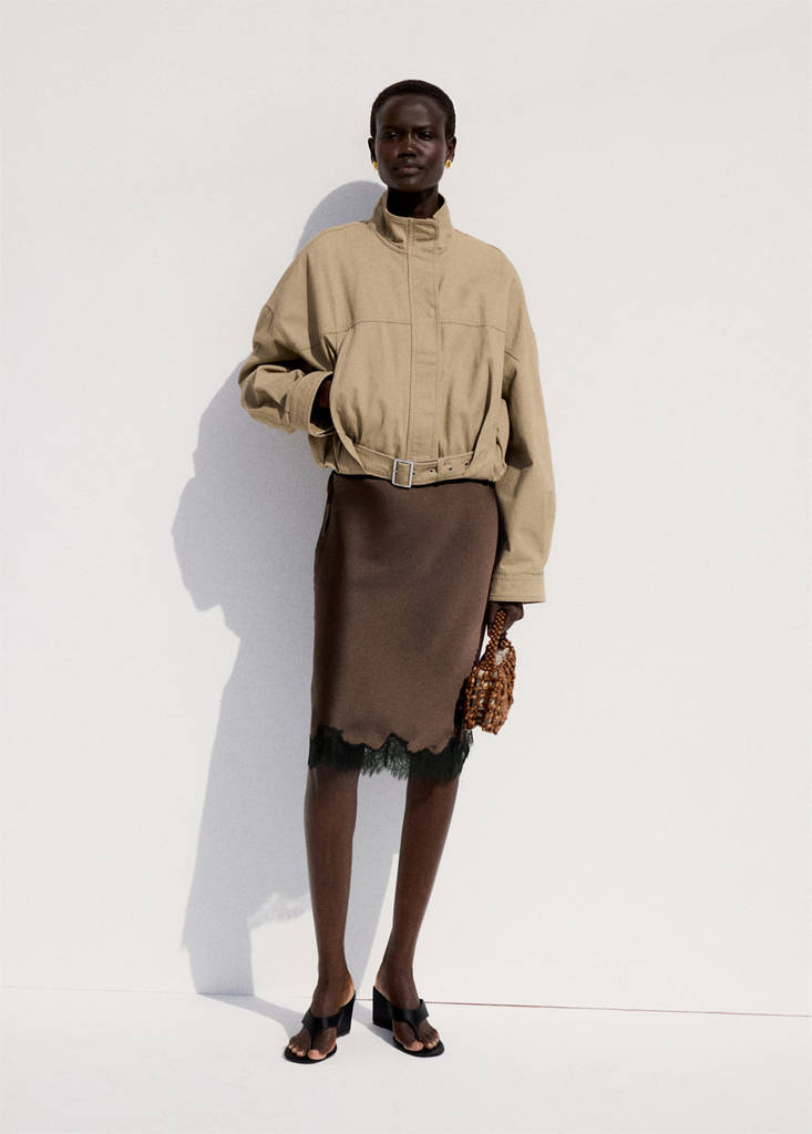 MANGO - Jupe satinée dentelle marron - XS