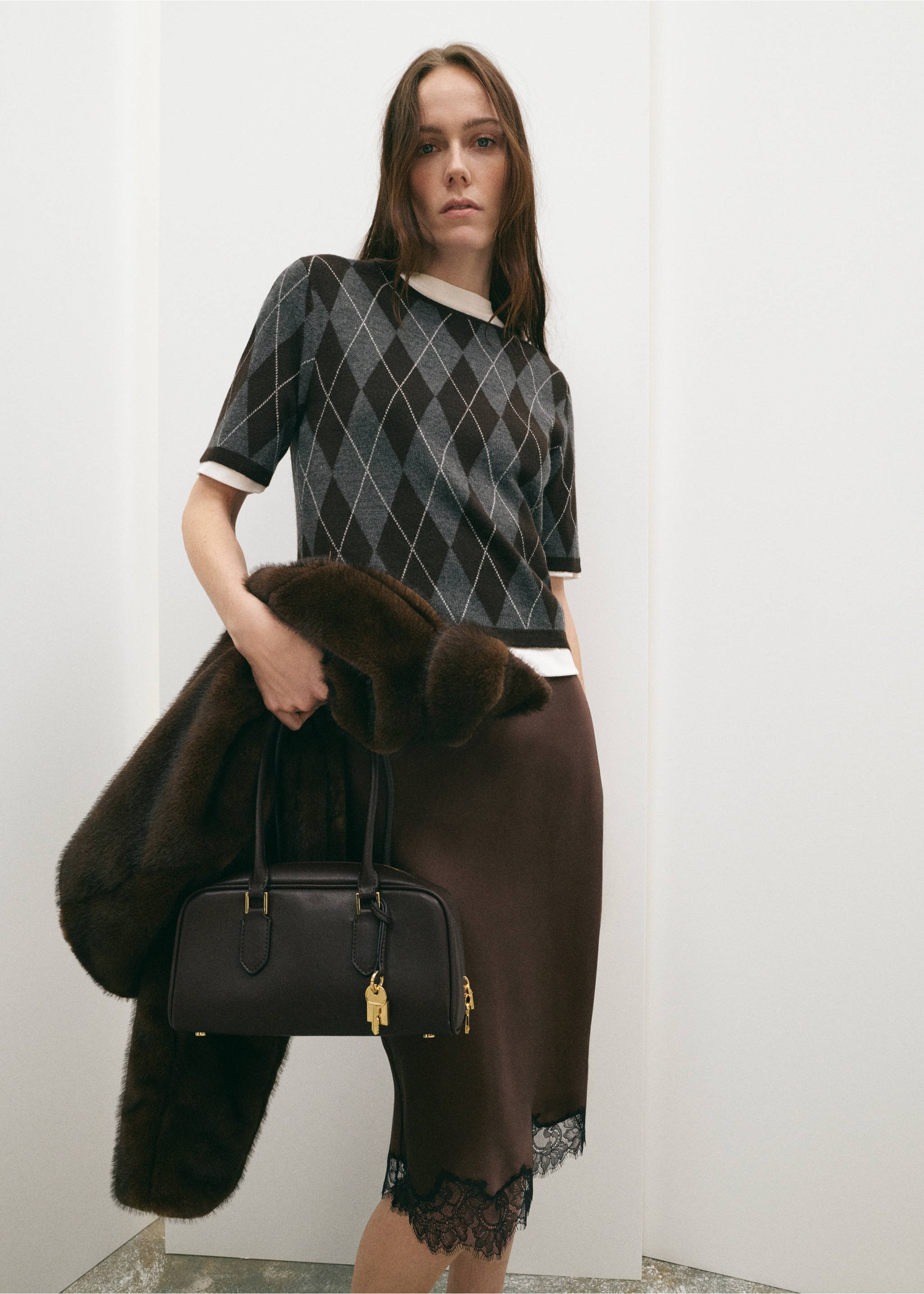 Satin lace skirt - General plane, Brown. Ref: 27081334-00.