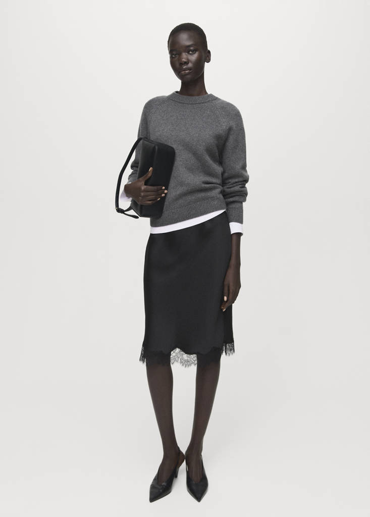MANGO - Jupe satinée dentelle noir - XS