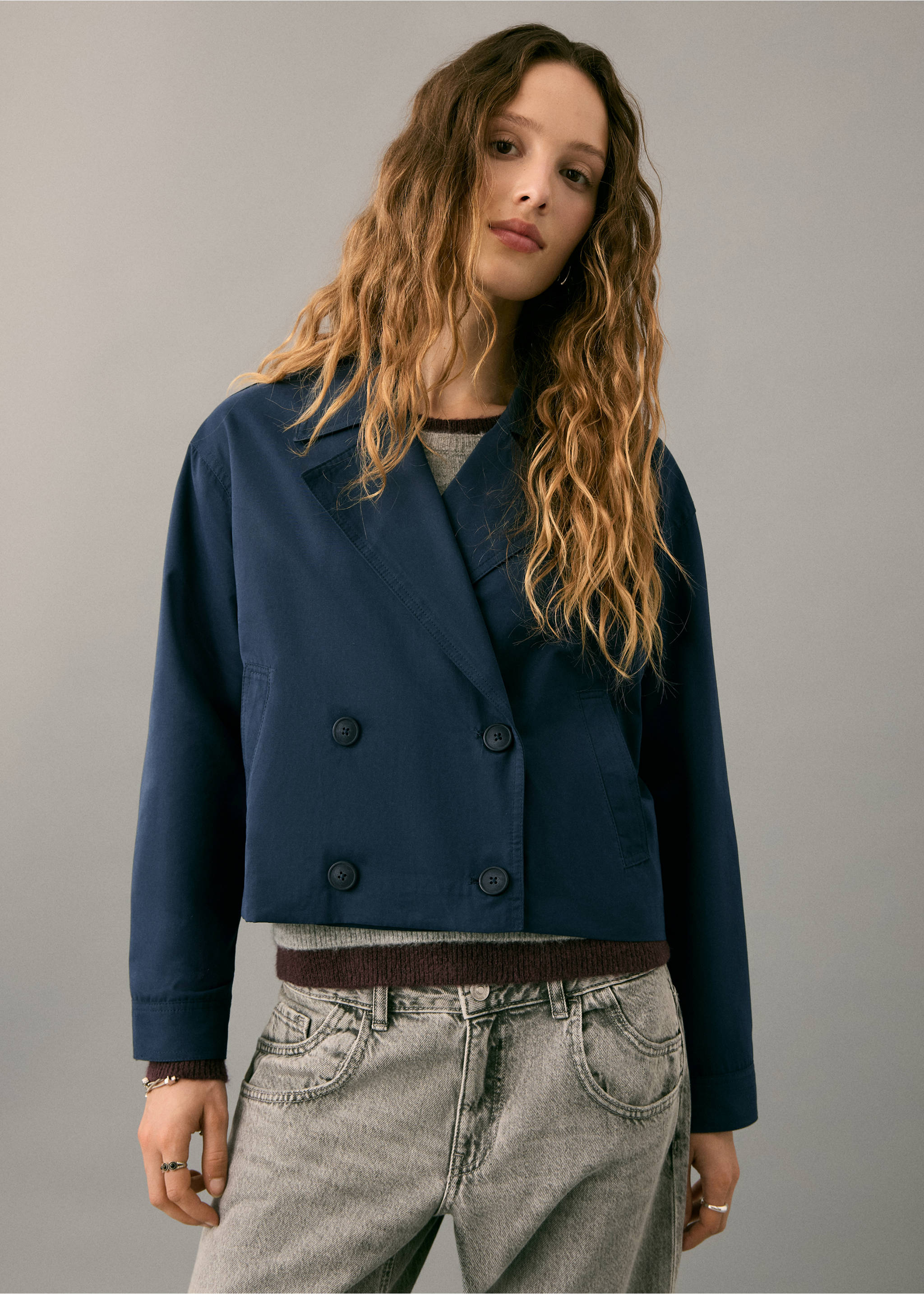 Double-breasted short balloon trench - Medium plane, Dark Navy. Ref: 27081517-00.