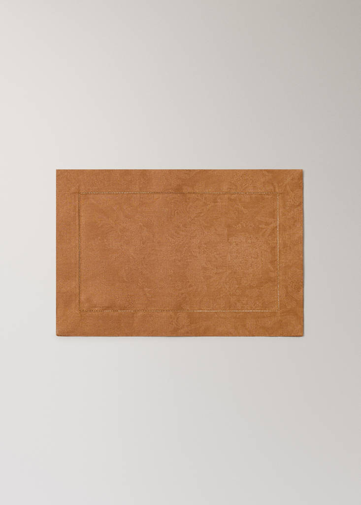Floral print 100% linen table mat — Medium Brown