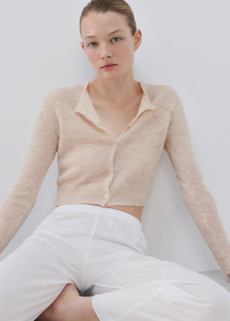 Short alpaca wool blend cardigan — Beige