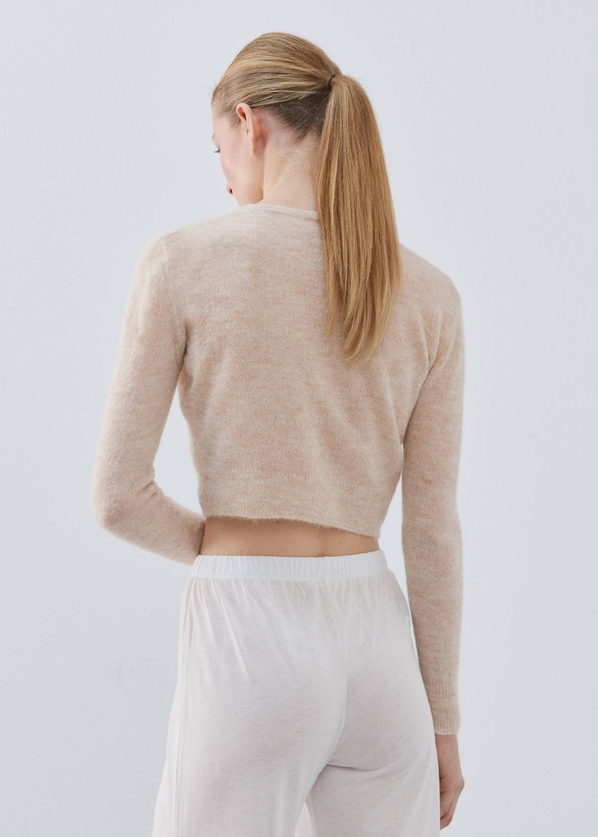 Short alpaca wool blend cardigan — Beige