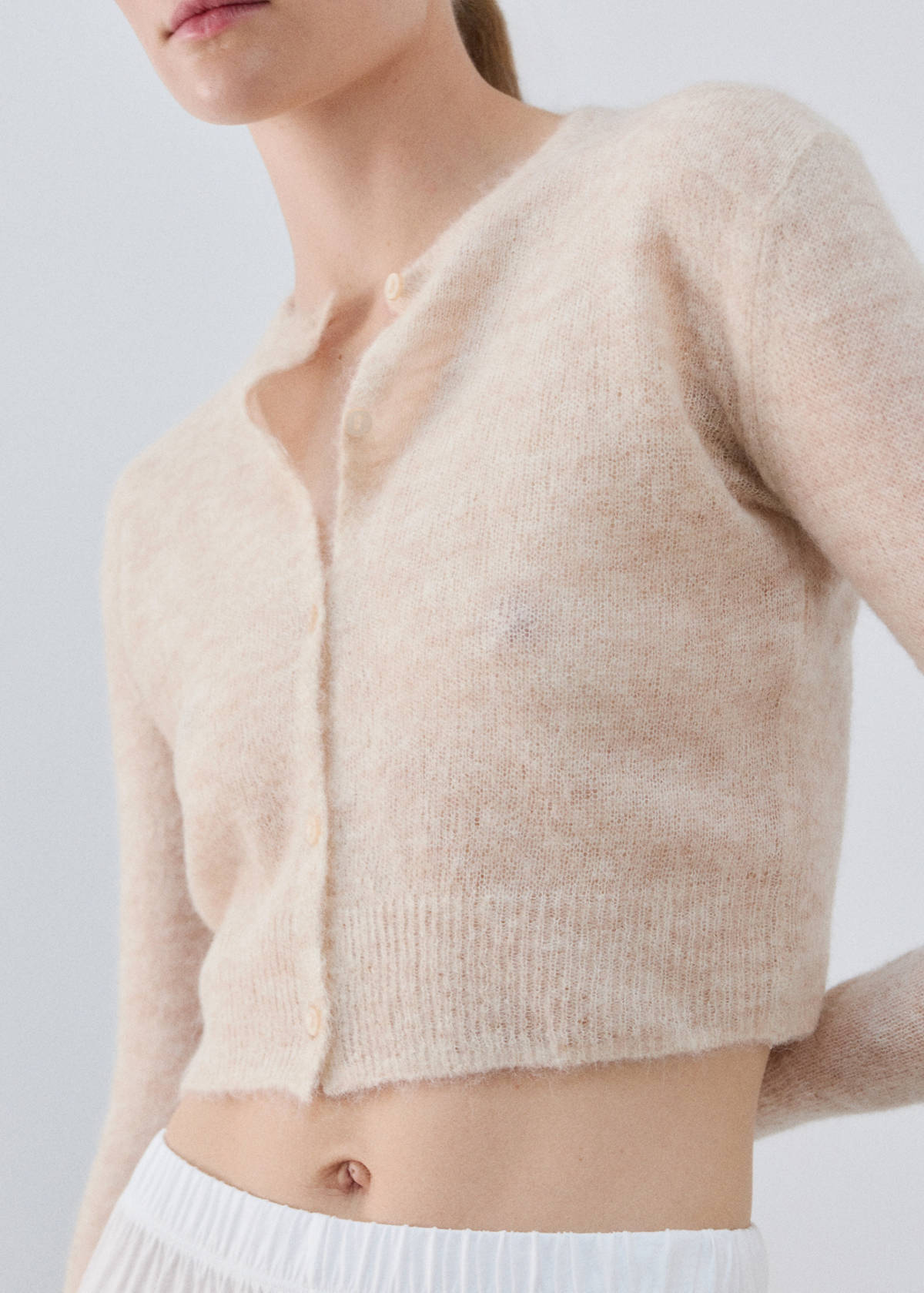 Short alpaca wool blend cardigan — Beige