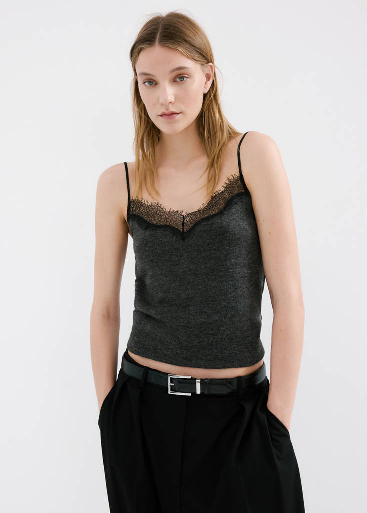 Top with lace neck — Dark Heather Grey