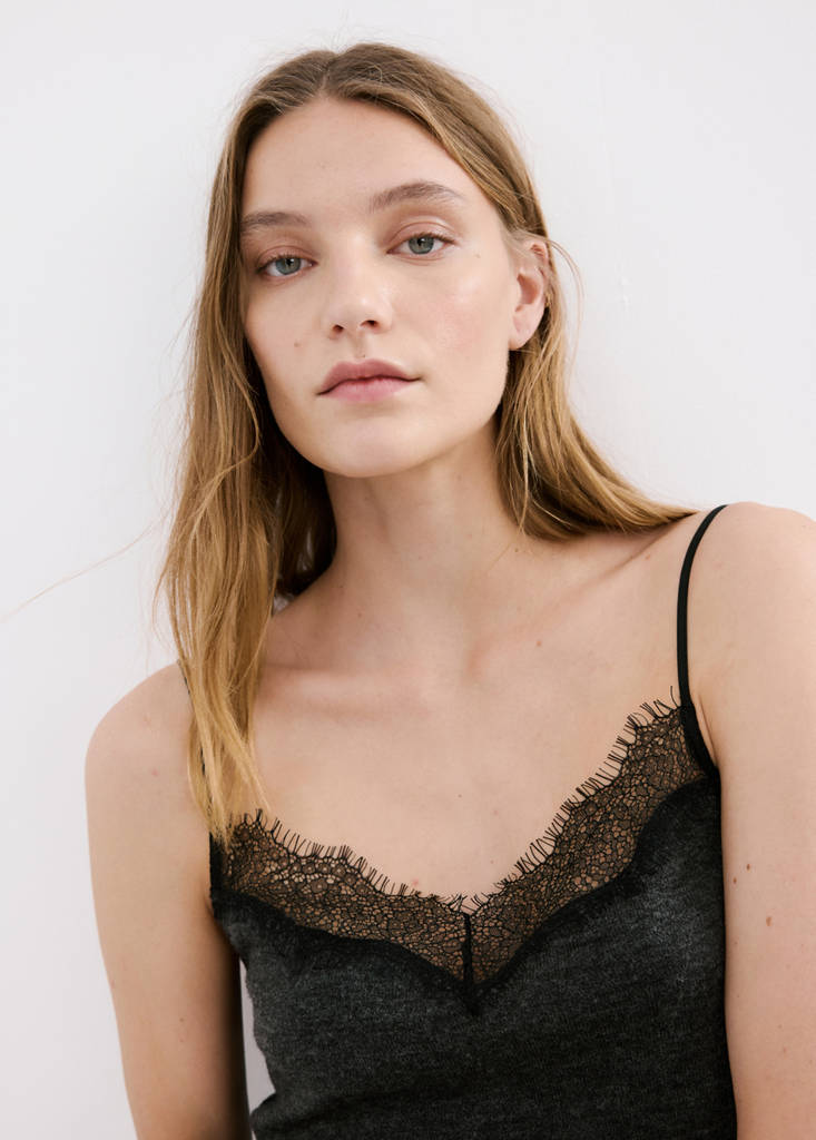 Top with lace neck — Dark Heather Grey