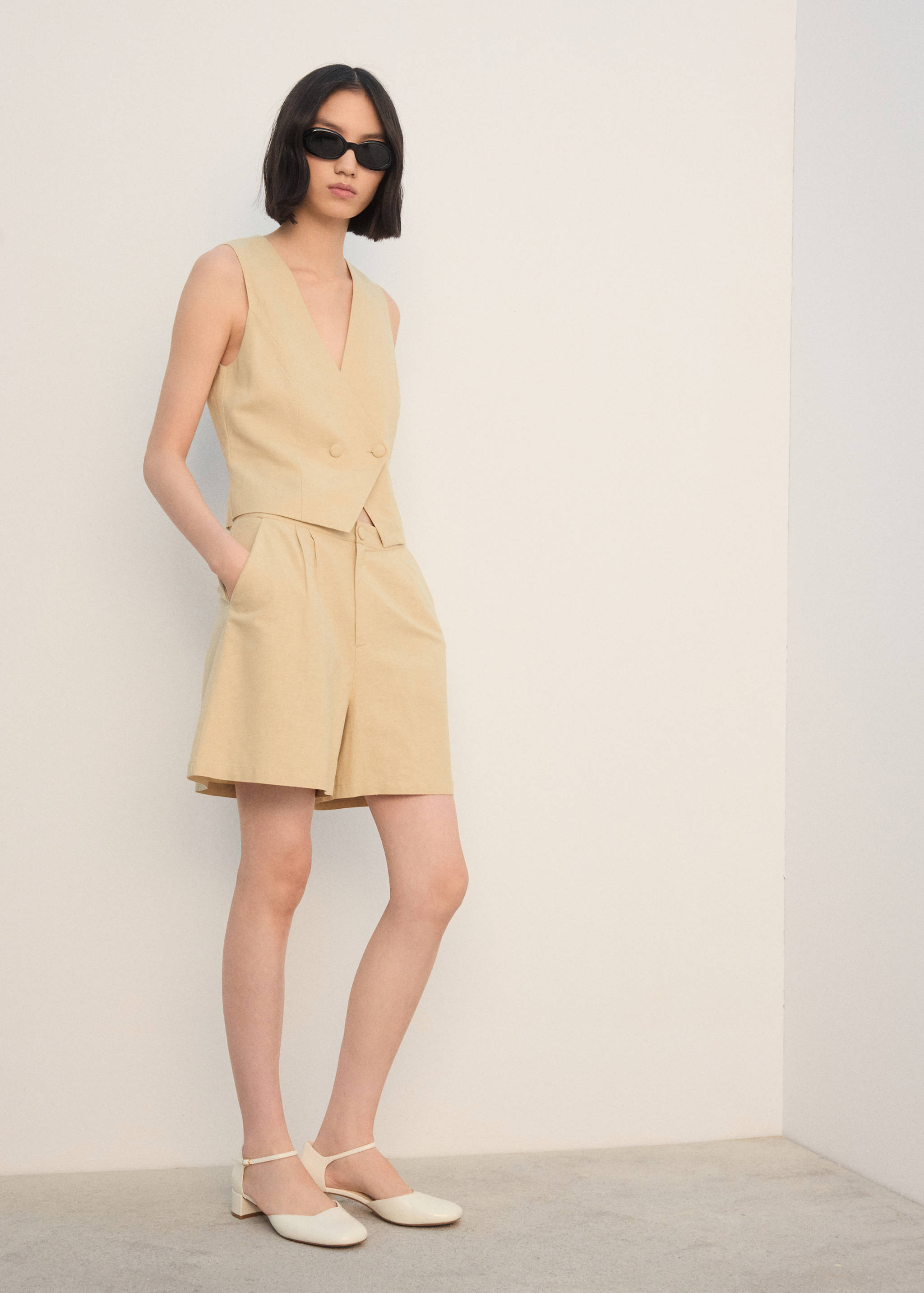 亚麻混纺直筒短裤 - null