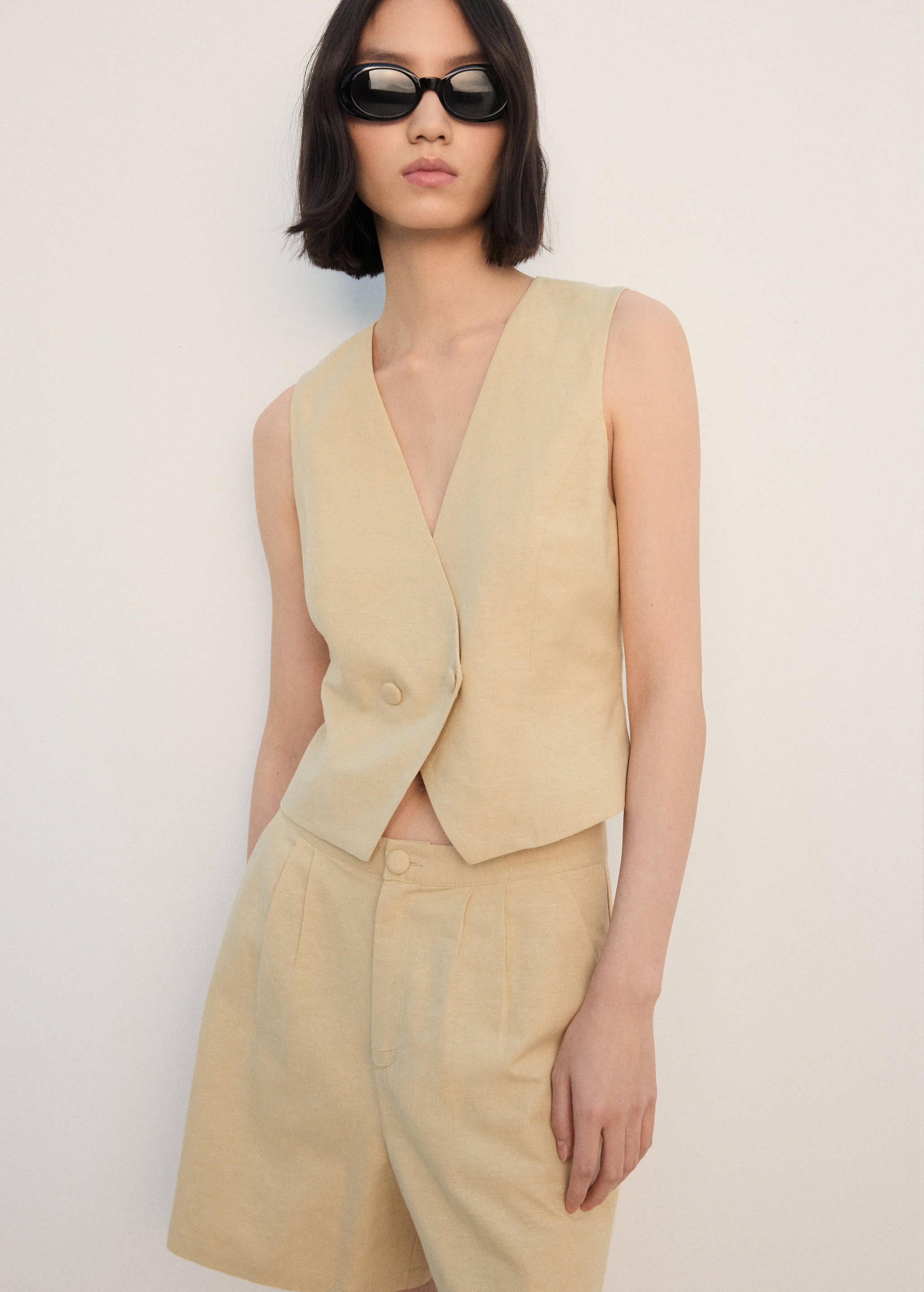 亚麻混纺直筒短裤 - null