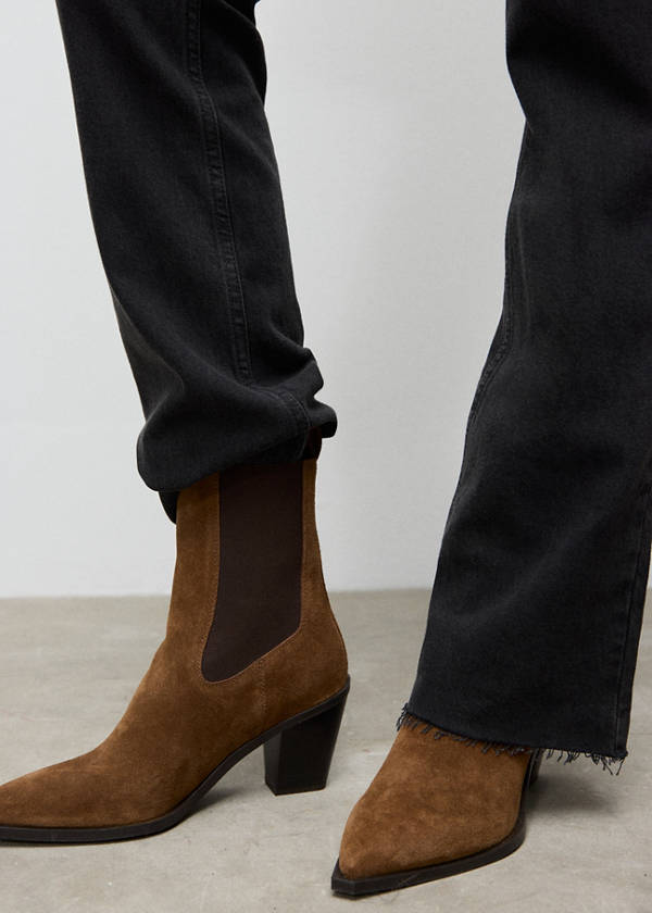 Suede ankle boot with pointed panels — Tobacco Brown