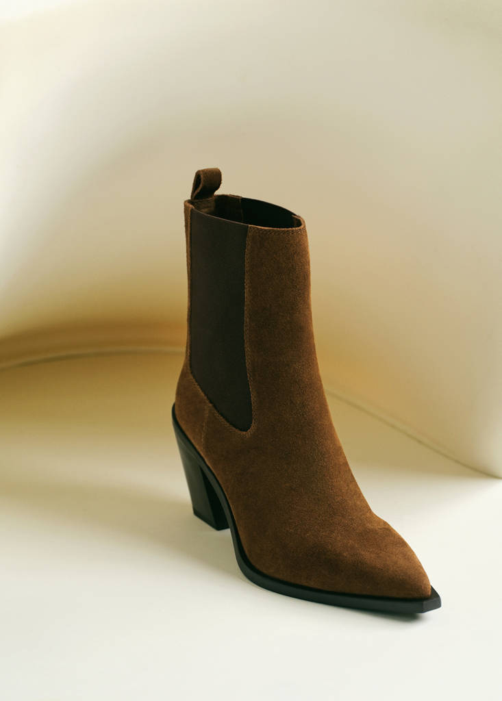 Suede ankle boot with pointed panels — Tobacco Brown
