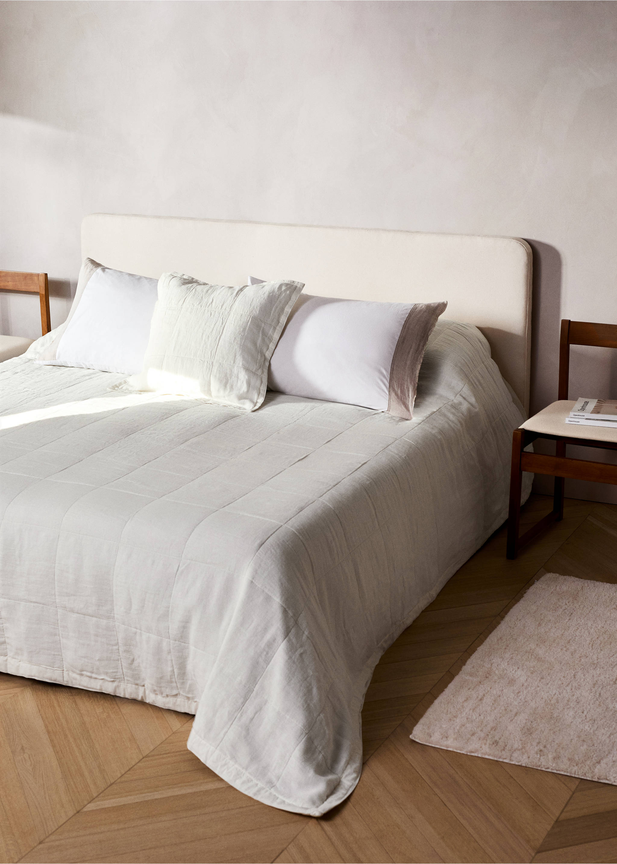 Юрган от пран лен на едро каре за легло 130/140 см - Обща равнина, Екрю. Ref: 27082920-00.