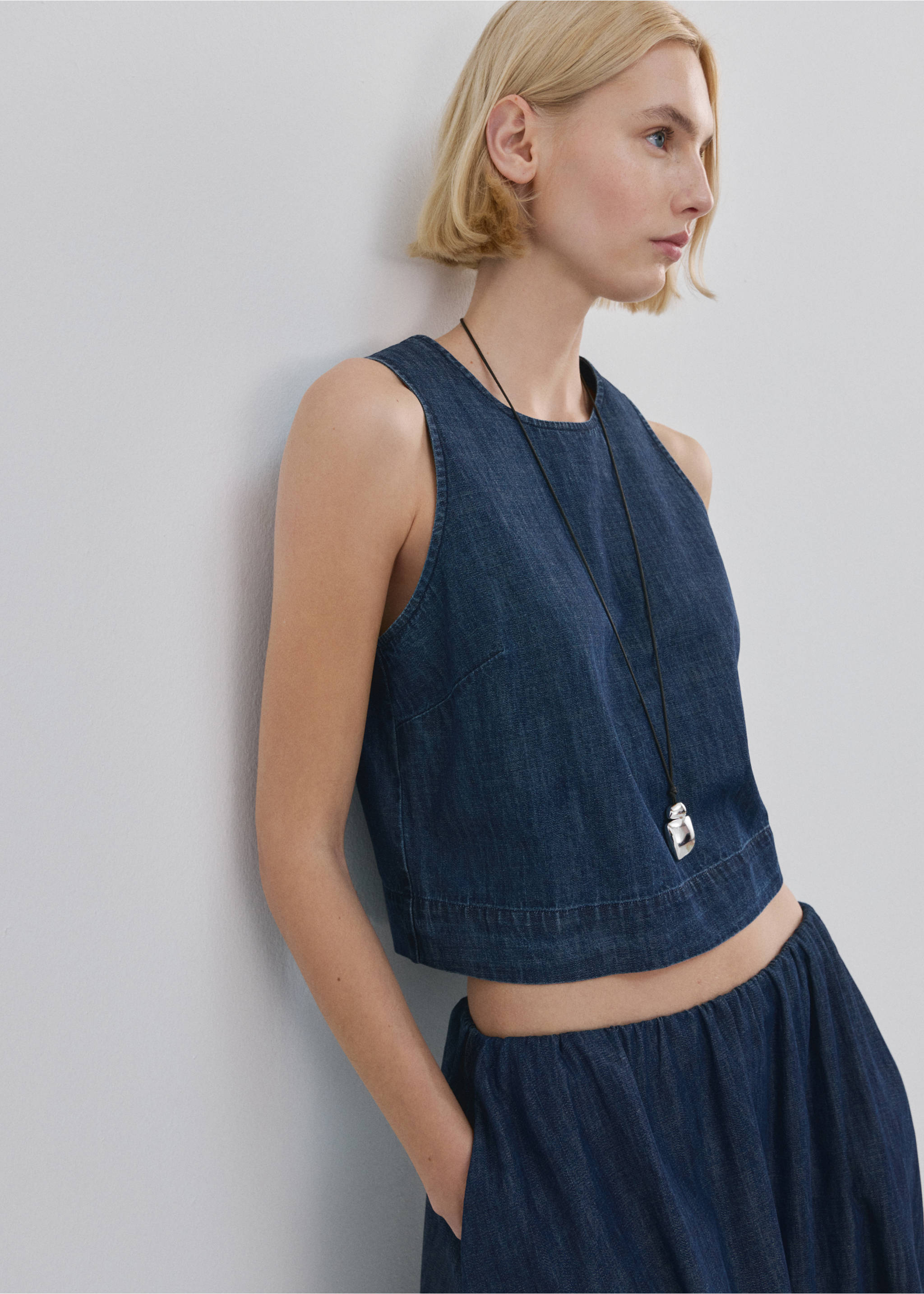 Fustă din denim cu tiv cusut - Detaliu al articolului 1, Albastru foarte deschis. Ref: 27083270-00.