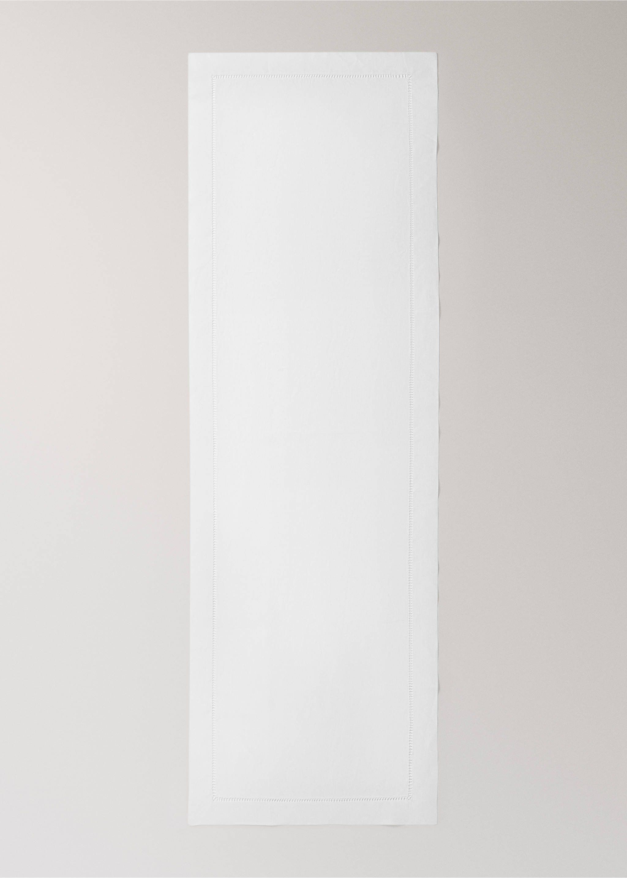 Linen table runner with embroidered hemstitch - Details of the article 3, White. Ref: 27083285-00.