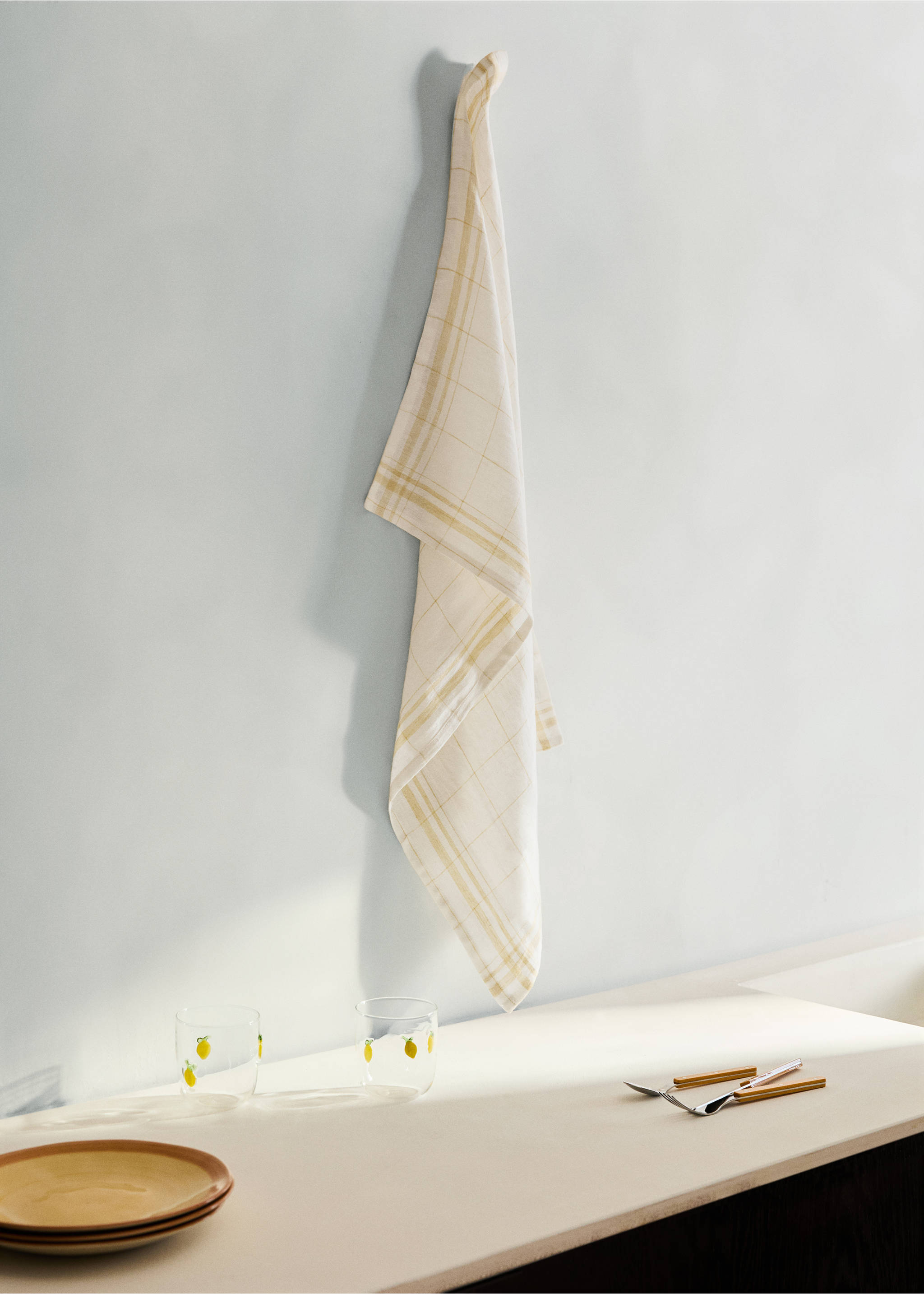 100% linen check-design tea towel - General plane, Yellow. Ref: 27083292-00.