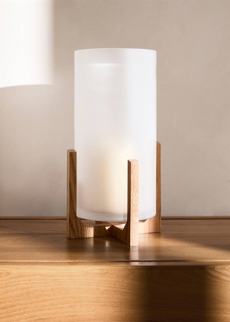 Tall glass lantern with oak wood stand — White