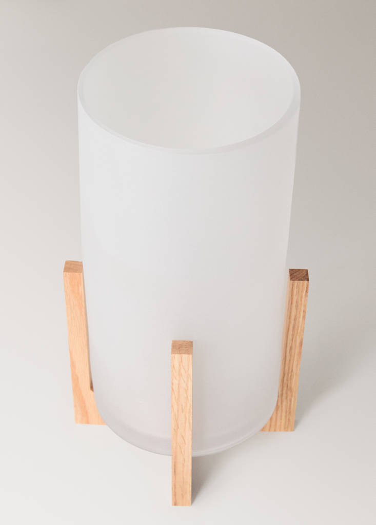 Tall glass lantern with oak wood stand — White