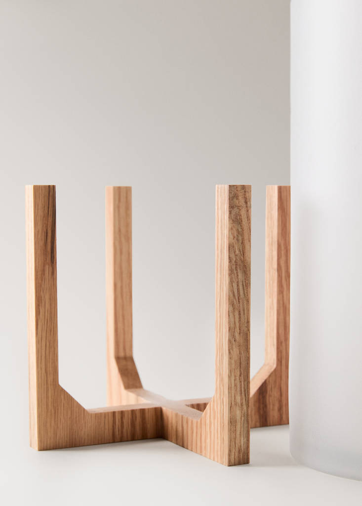 Tall glass lantern with oak wood stand — White