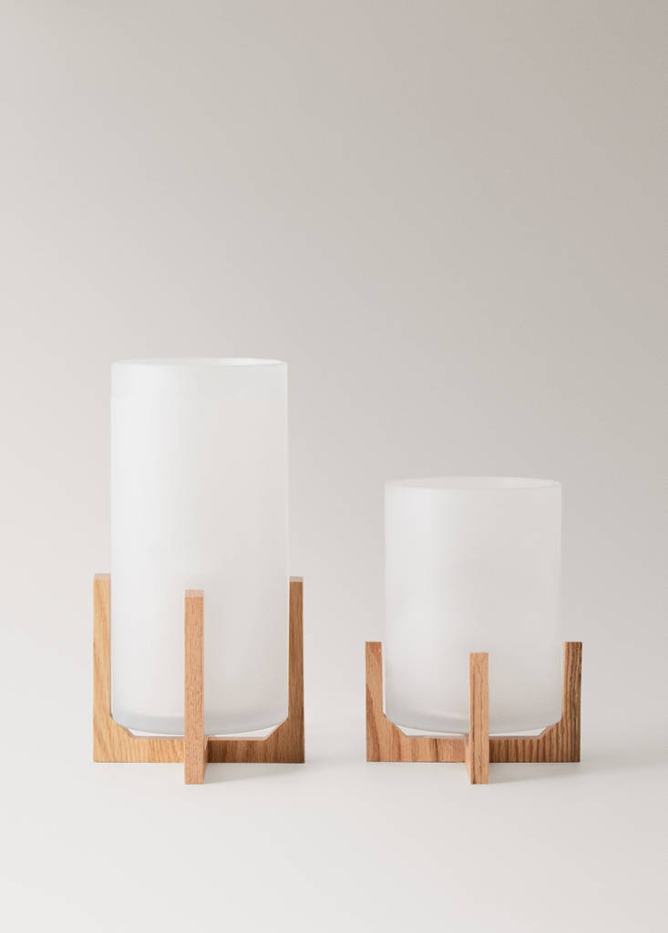 Tall glass lantern with oak wood stand — White