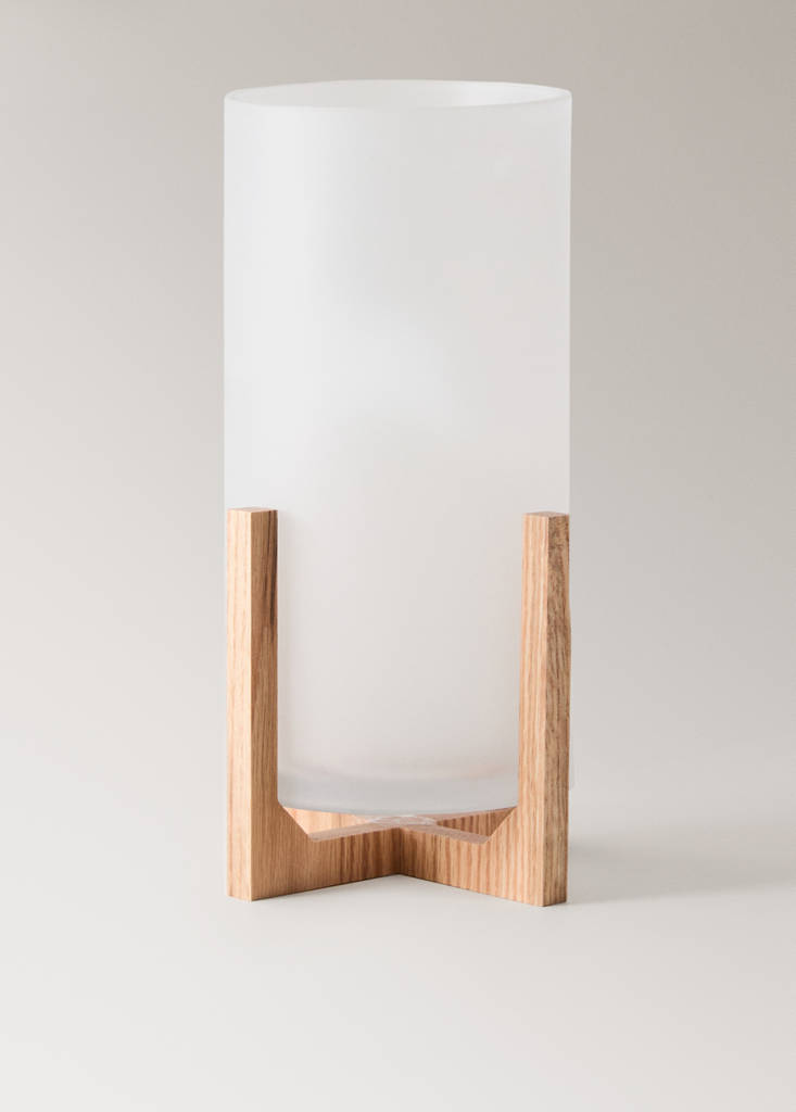 Tall glass lantern with oak wood stand — White