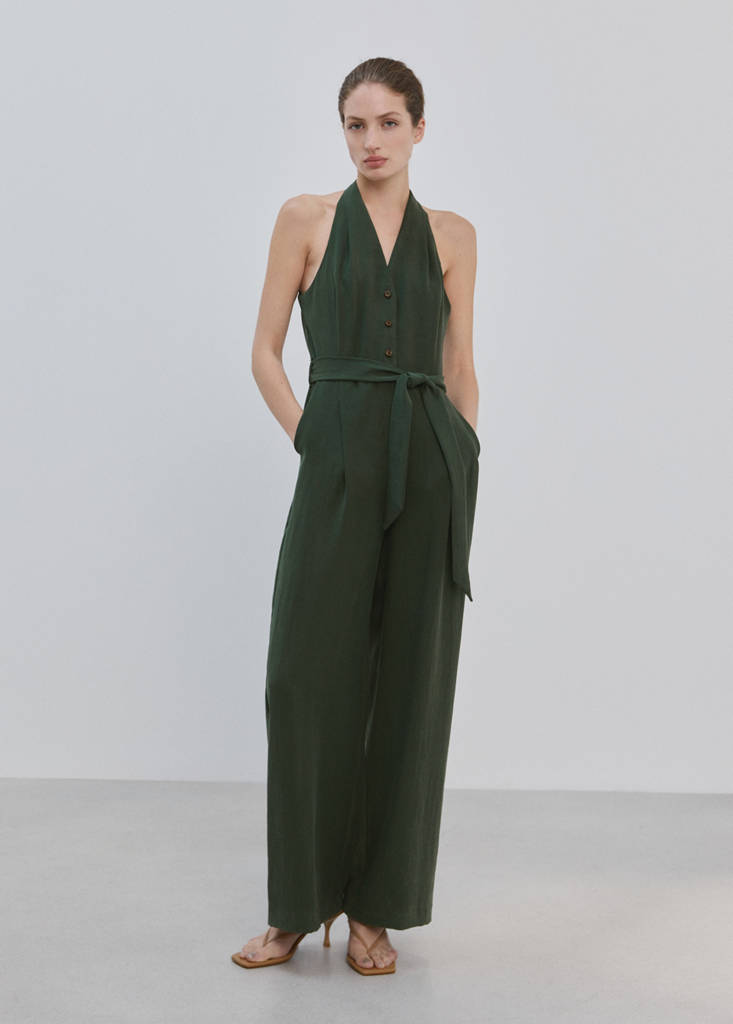 Halter-neck jumpsuit with belt — Khaki