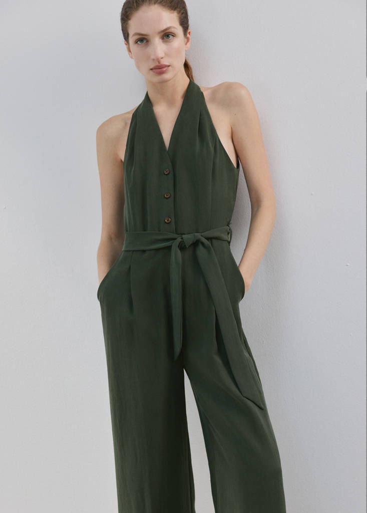 Halter-neck jumpsuit with belt — Khaki