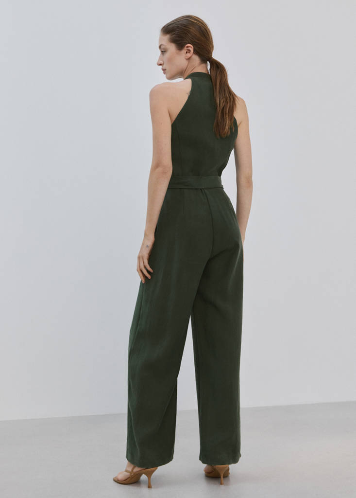 Halter-neck jumpsuit with belt — Khaki
