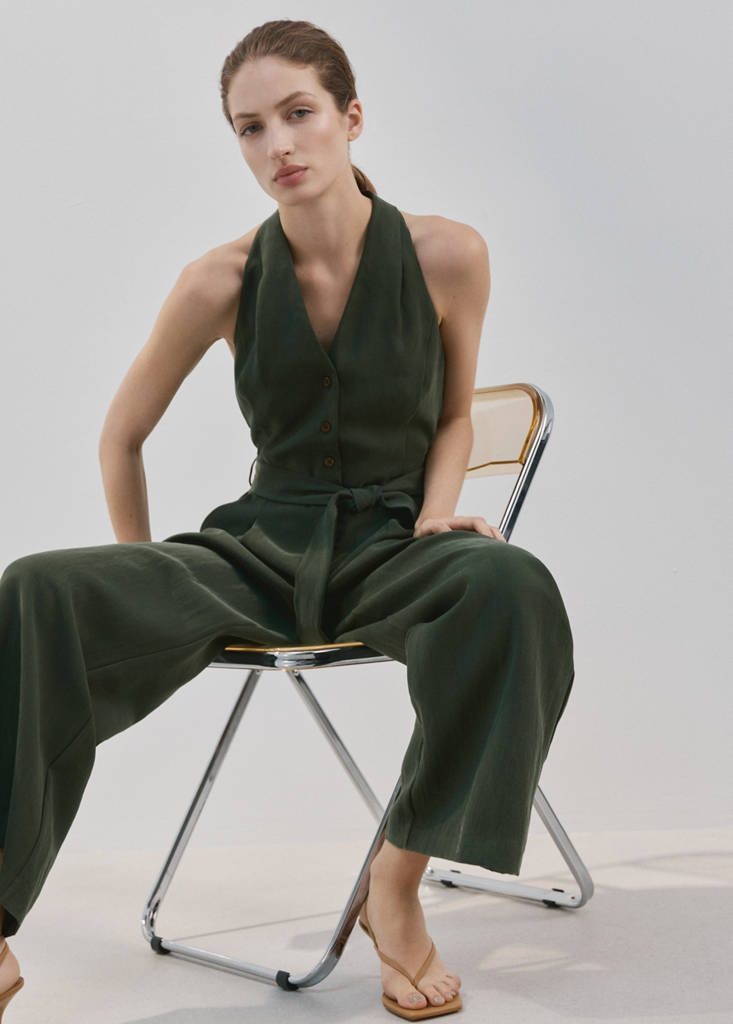 Halter-neck jumpsuit with belt — Khaki