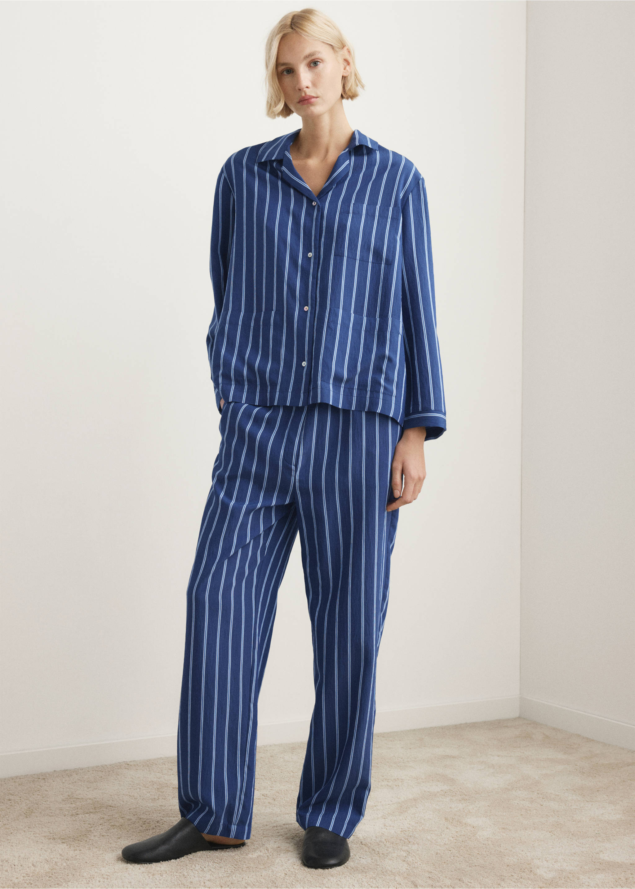 Camisa pijama rayas bolsillo delantero - Plano general, Azul indigo. Ref: 27083320-00.