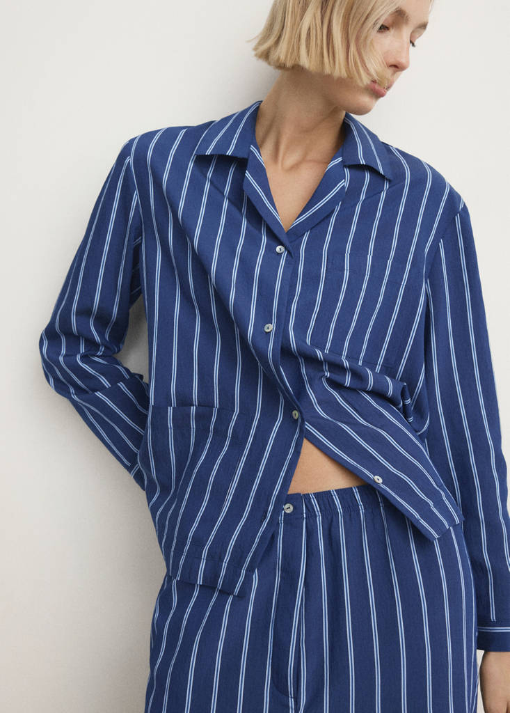 Striped pyjama shirt with front pocket — Indigo Blue