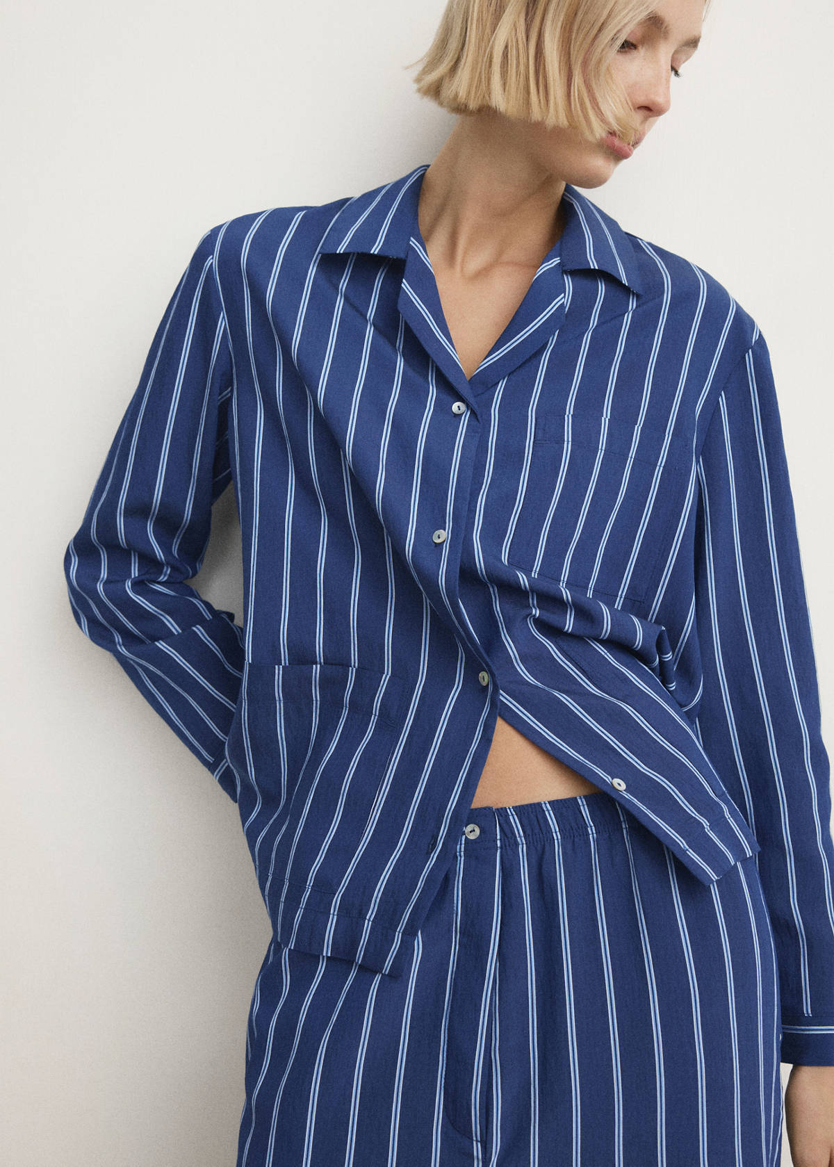 Striped pyjama shirt with front pocket — Indigo Blue