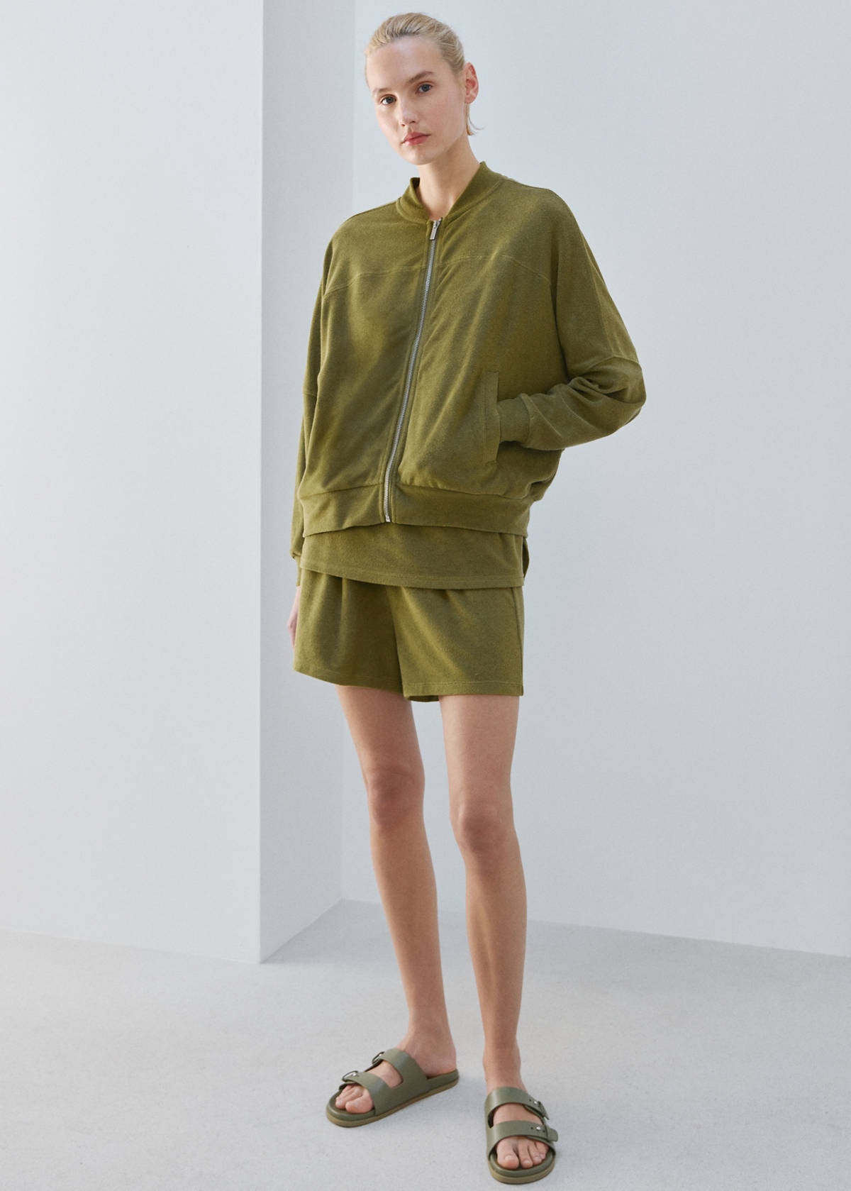 Terry cotton cardigan — Khaki